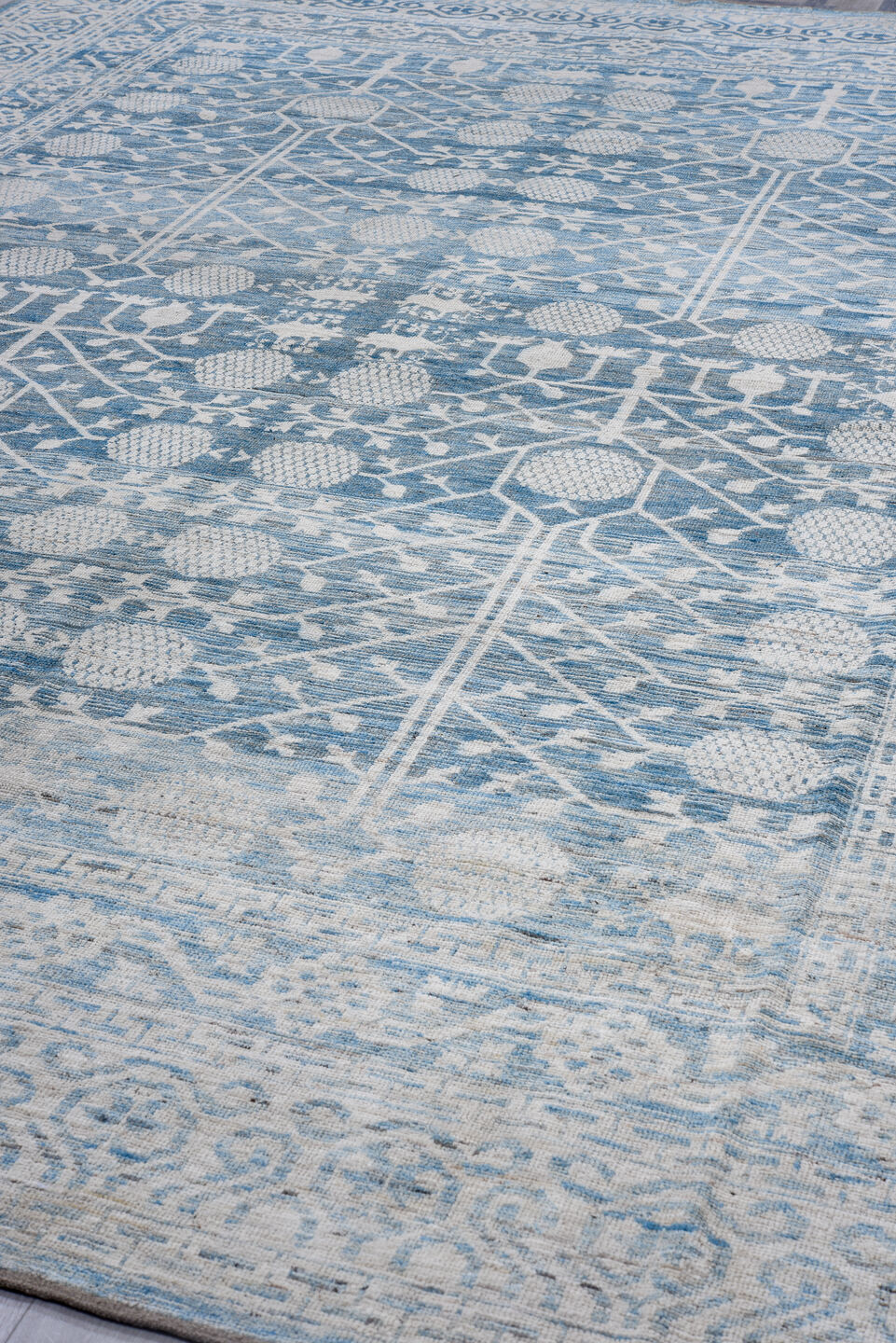 10' x 14' one-of-a-kind handmade vintage Tulu large size rug. Color palette: ivory, sky blue, slate blue, powder blue