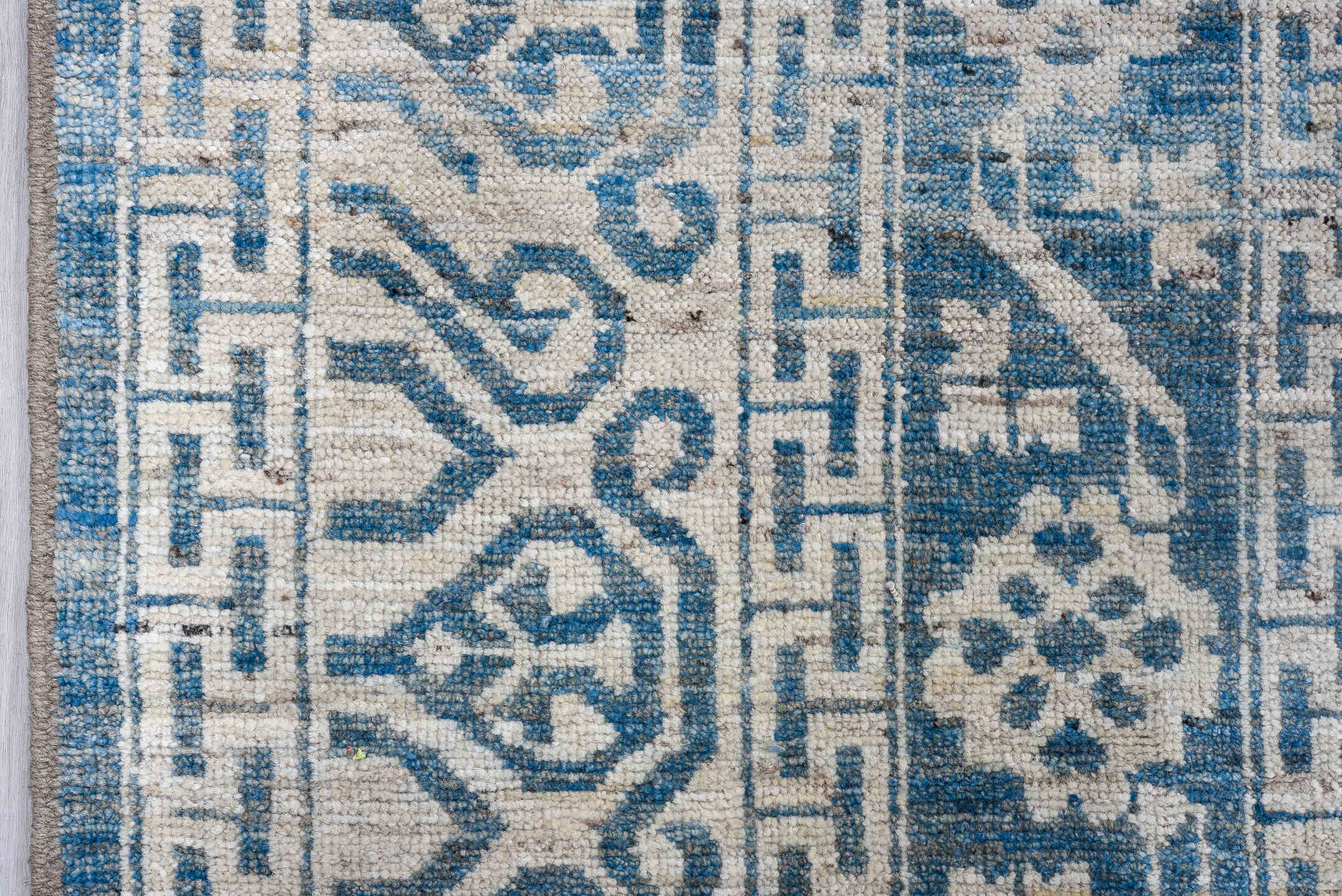 10' x 14' one-of-a-kind handmade vintage Tulu large size rug. Color palette: ivory, sky blue, slate blue, powder blue