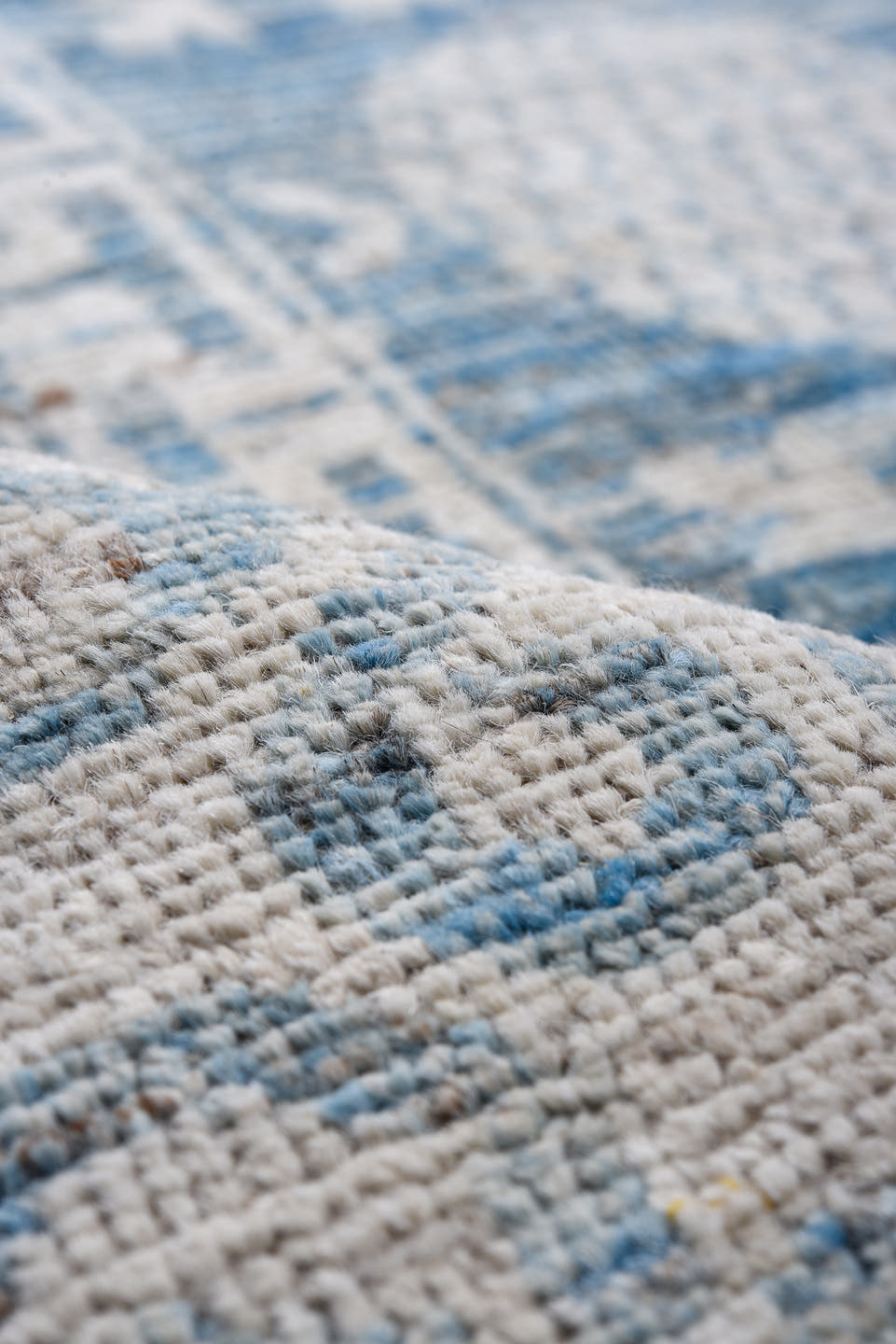 10' x 14' one-of-a-kind handmade vintage Tulu large size rug. Color palette: ivory, sky blue, slate blue, powder blue