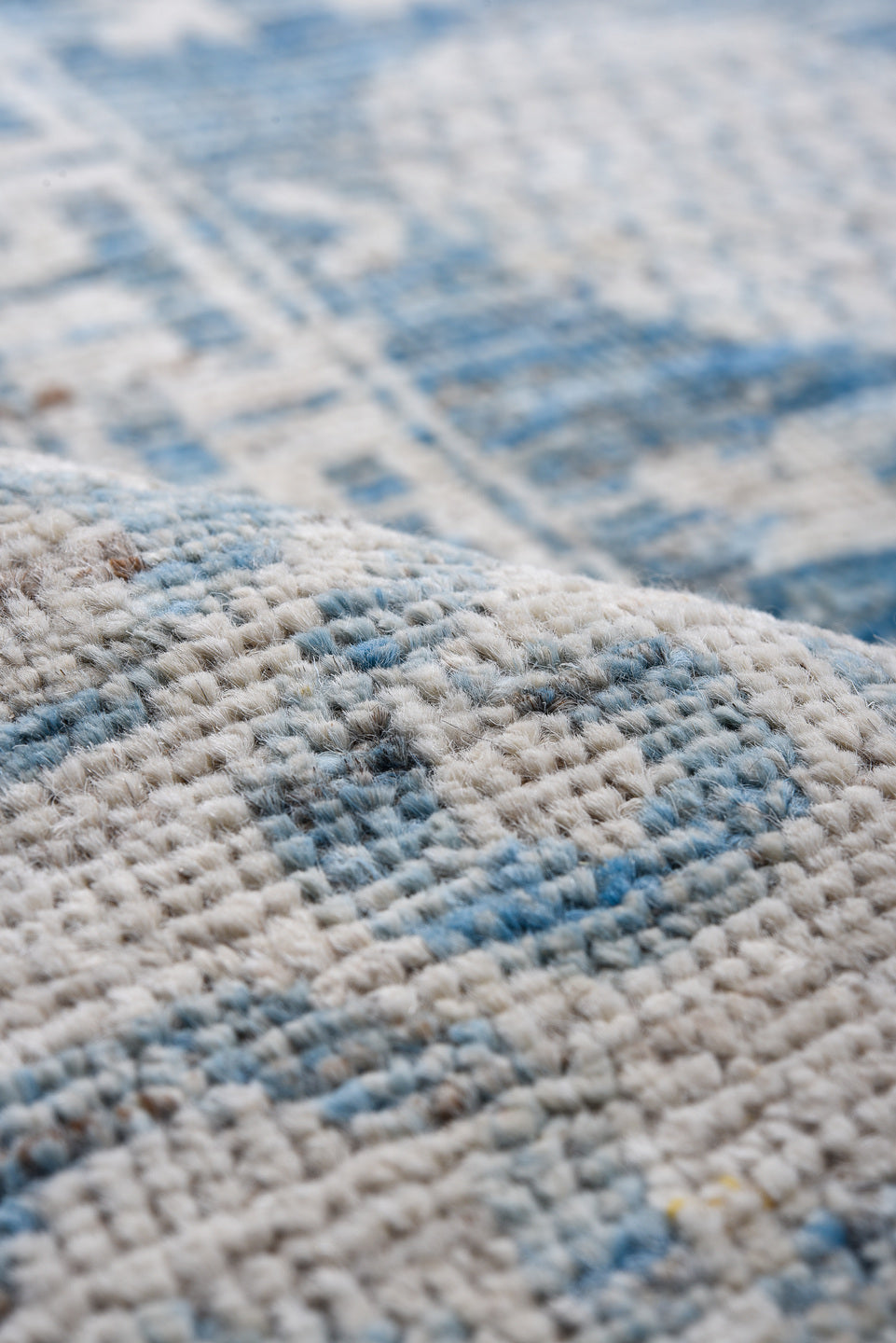 10' x 14' one-of-a-kind handmade vintage Tulu large size rug. Color palette: ivory, sky blue, slate blue, powder blue