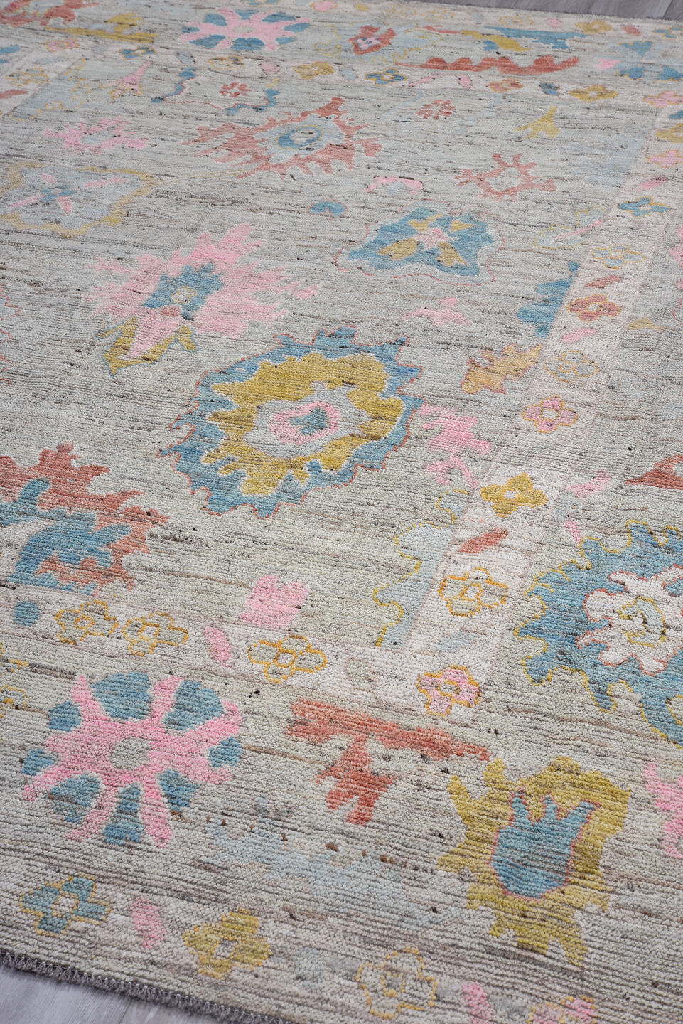 8' x 10' one-of-a-kind handmade vintage Oushak large size rug. Color palette: gray, sky blue, blush, gold, coral, ivory