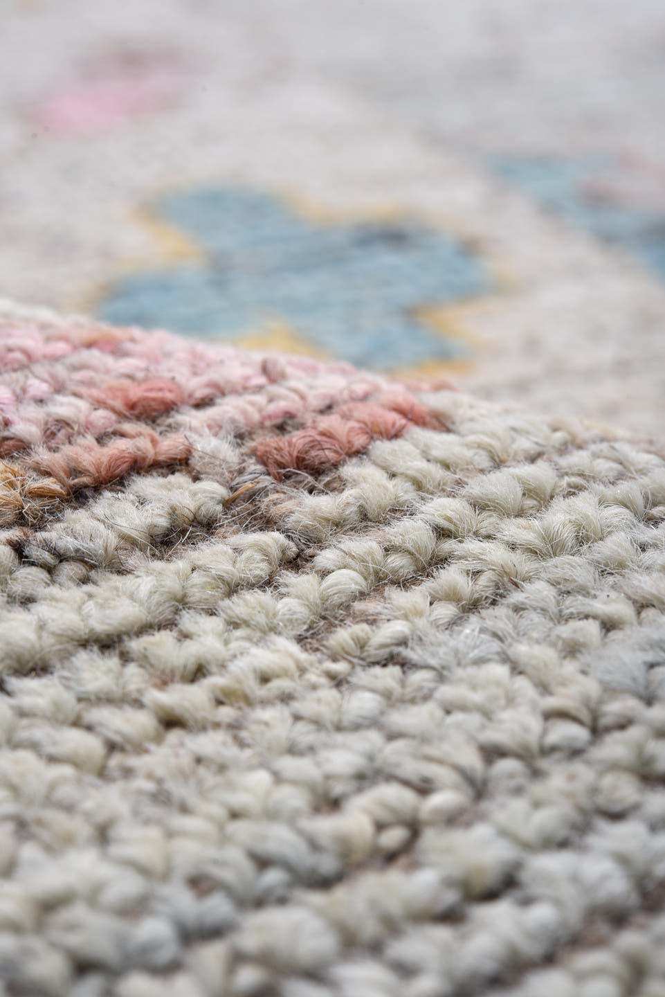 8' x 10' one-of-a-kind handmade vintage Oushak large size rug. Color palette: gray, sky blue, blush, gold, coral, ivory