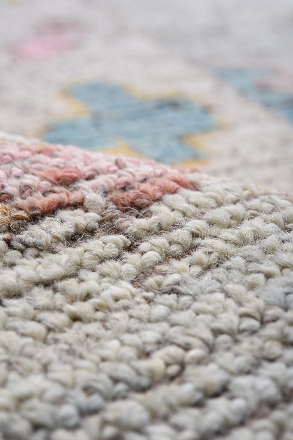 8' x 10' one-of-a-kind handmade vintage Oushak large size rug. Color palette: gray, sky blue, blush, gold, coral, ivory