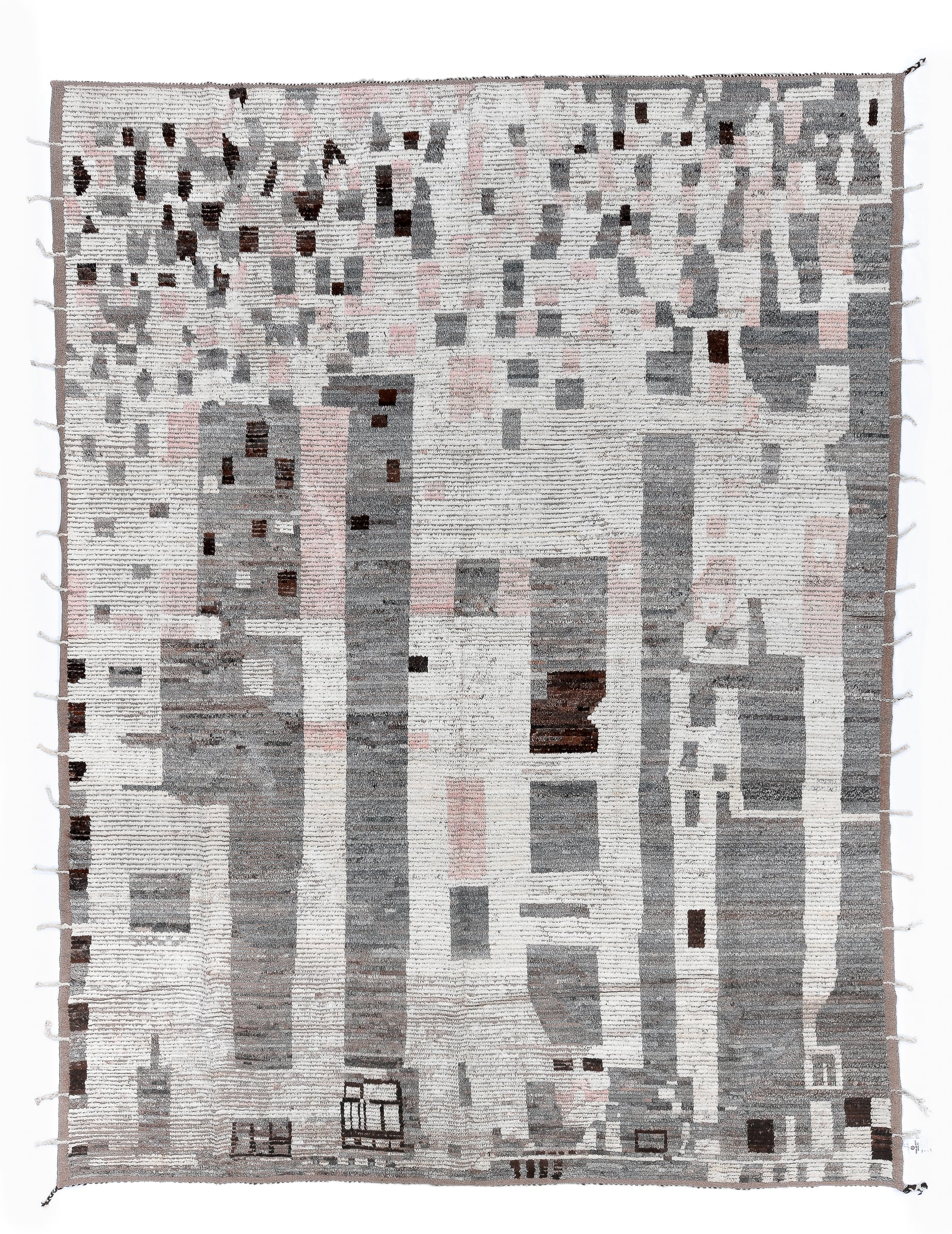 9' x 11' one-of-a-kind handmade vintage Tulu large size rug. Color palette: ivory, gray, taupe, blush, charcoal, brown