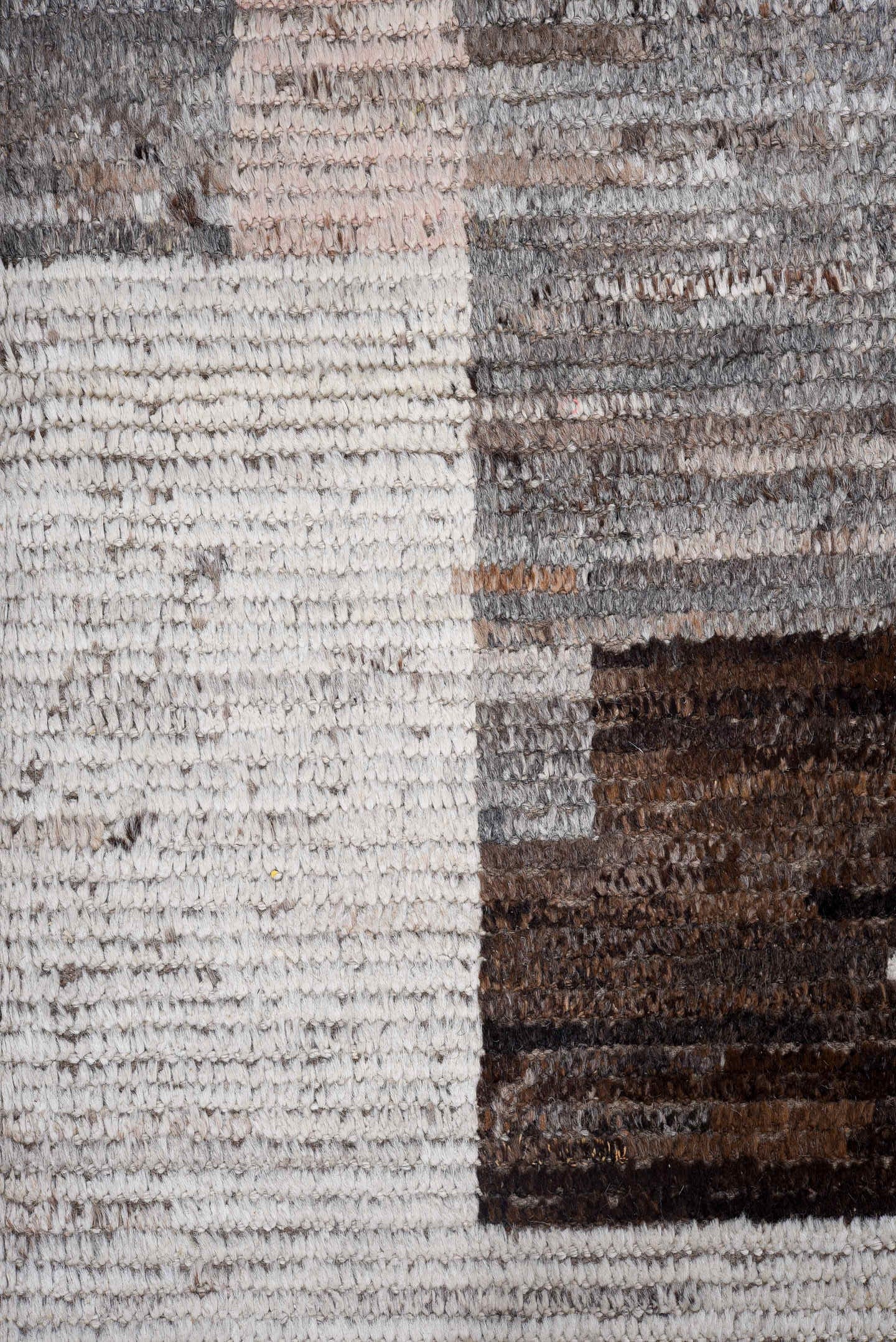 9' x 11' one-of-a-kind handmade vintage Tulu large size rug. Color palette: ivory, gray, taupe, blush, charcoal, brown