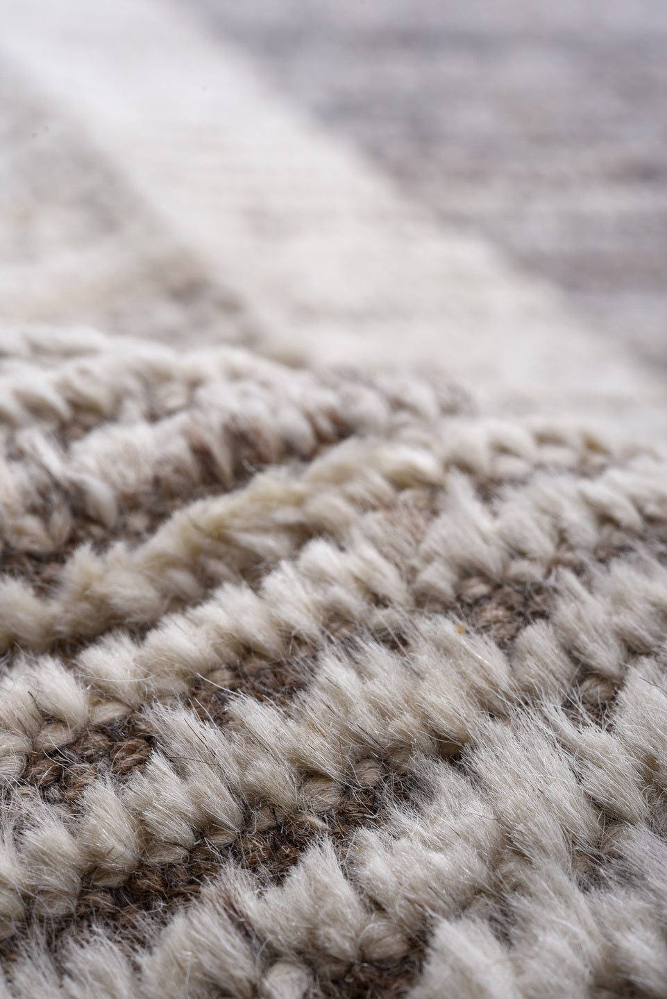 9' x 11' one-of-a-kind handmade vintage Tulu large size rug. Color palette: ivory, gray, taupe, blush, charcoal, brown