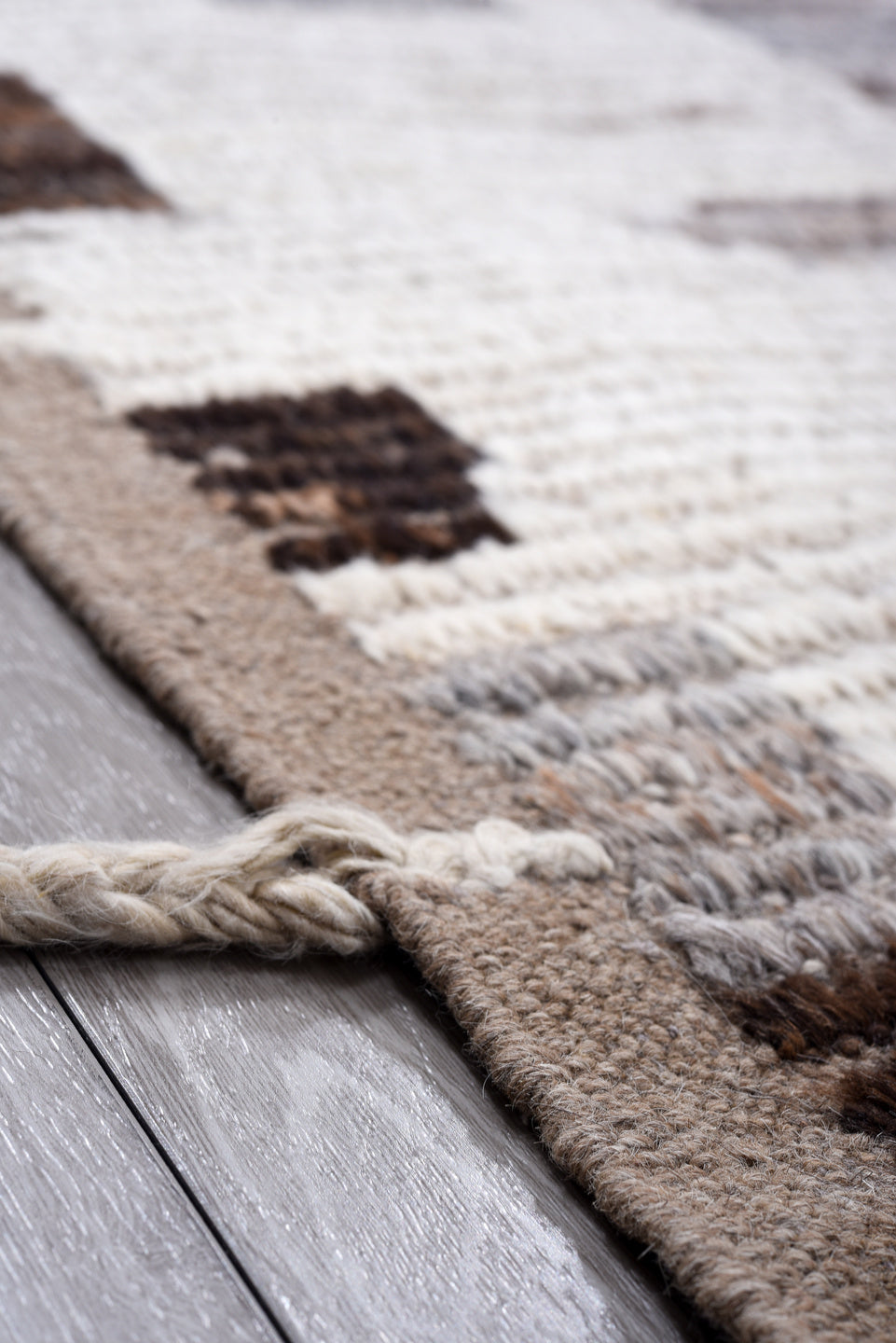 9' x 11' one-of-a-kind handmade vintage Tulu large size rug. Color palette: ivory, gray, taupe, blush, charcoal, brown