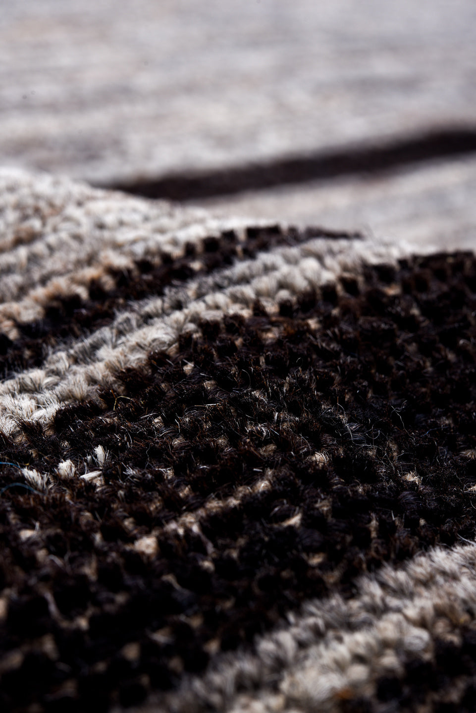10' x 14' one-of-a-kind handmade vintage Tulu large size rug. Color palette: gray, charcoal, taupe, ivory, black, beige