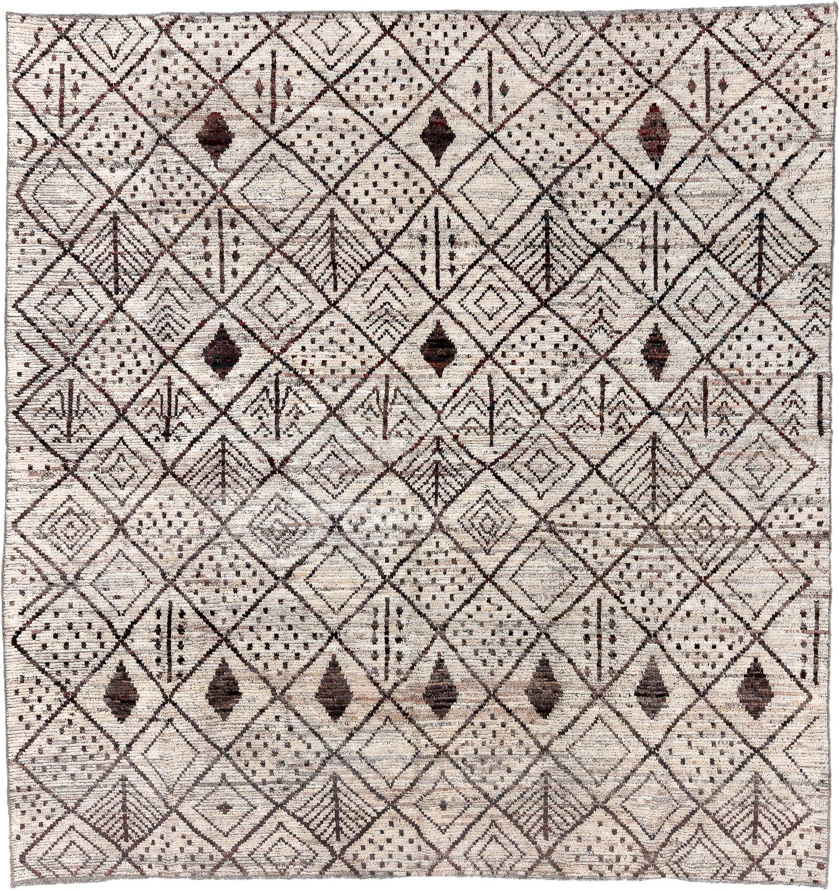 9' x 9' one-of-a-kind handmade vintage Tulu rug. Color palette: ivory, brown, taupe, charcoal, burgundy, beige, gray, black