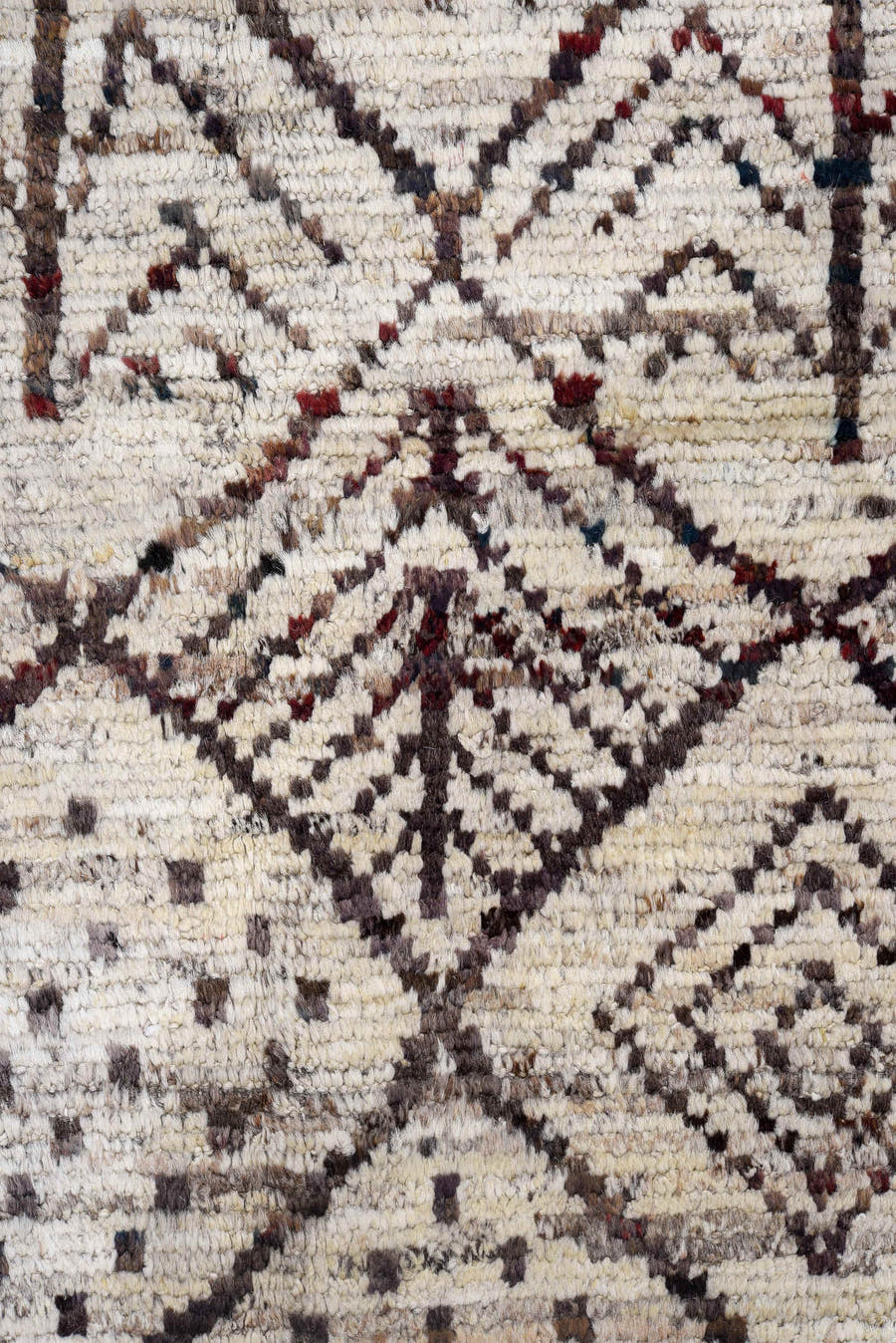 9' x 9' one-of-a-kind handmade vintage Tulu rug. Color palette: ivory, brown, taupe, charcoal, burgundy, beige, gray, black