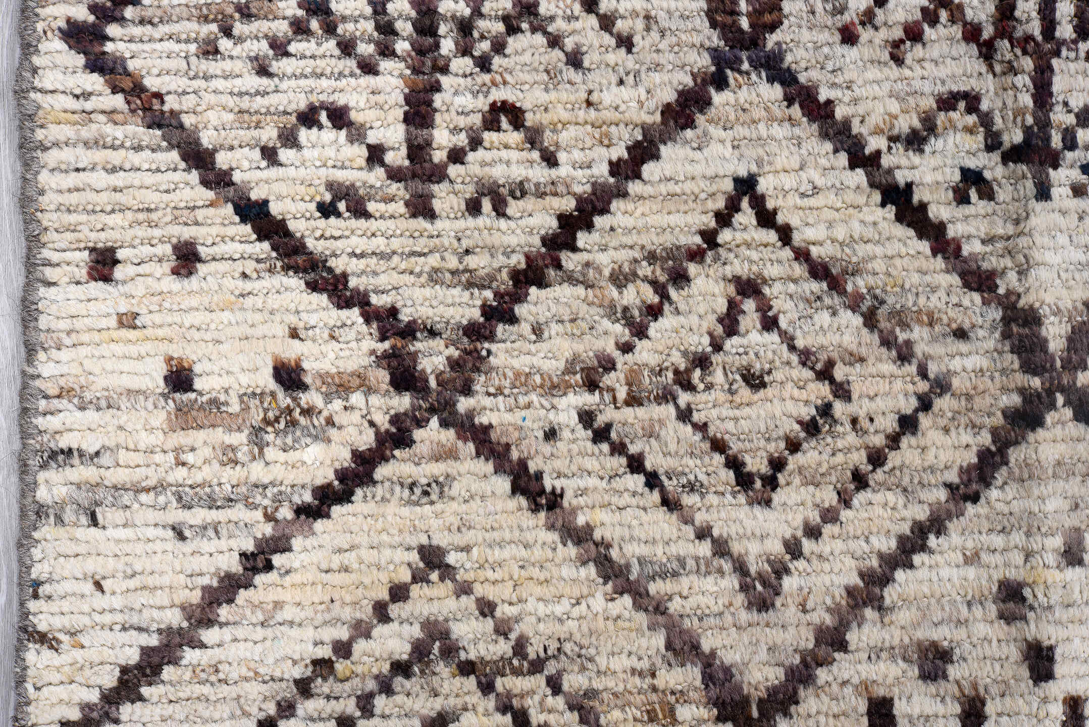 9' x 9' one-of-a-kind handmade vintage Tulu rug. Color palette: ivory, brown, taupe, charcoal, burgundy, beige, gray, black