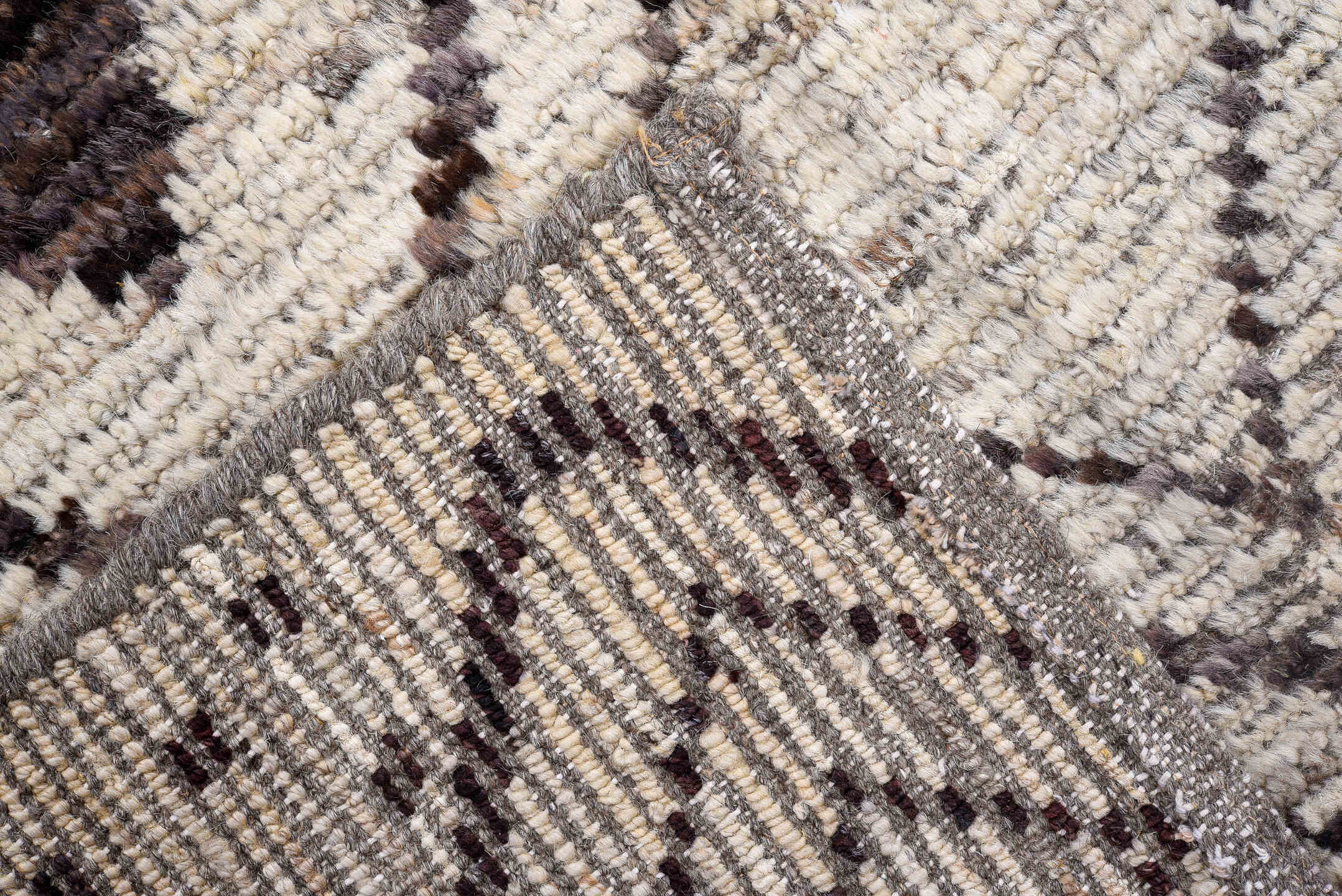 9' x 9' one-of-a-kind handmade vintage Tulu rug. Color palette: ivory, brown, taupe, charcoal, burgundy, beige, gray, black
