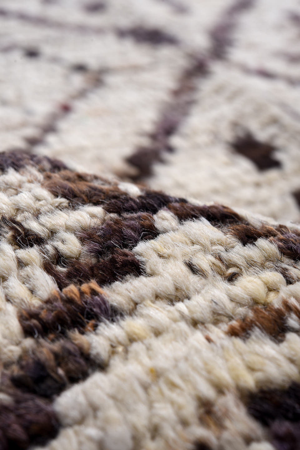 9' x 9' one-of-a-kind handmade vintage Tulu rug. Color palette: ivory, brown, taupe, charcoal, burgundy, beige, gray, black