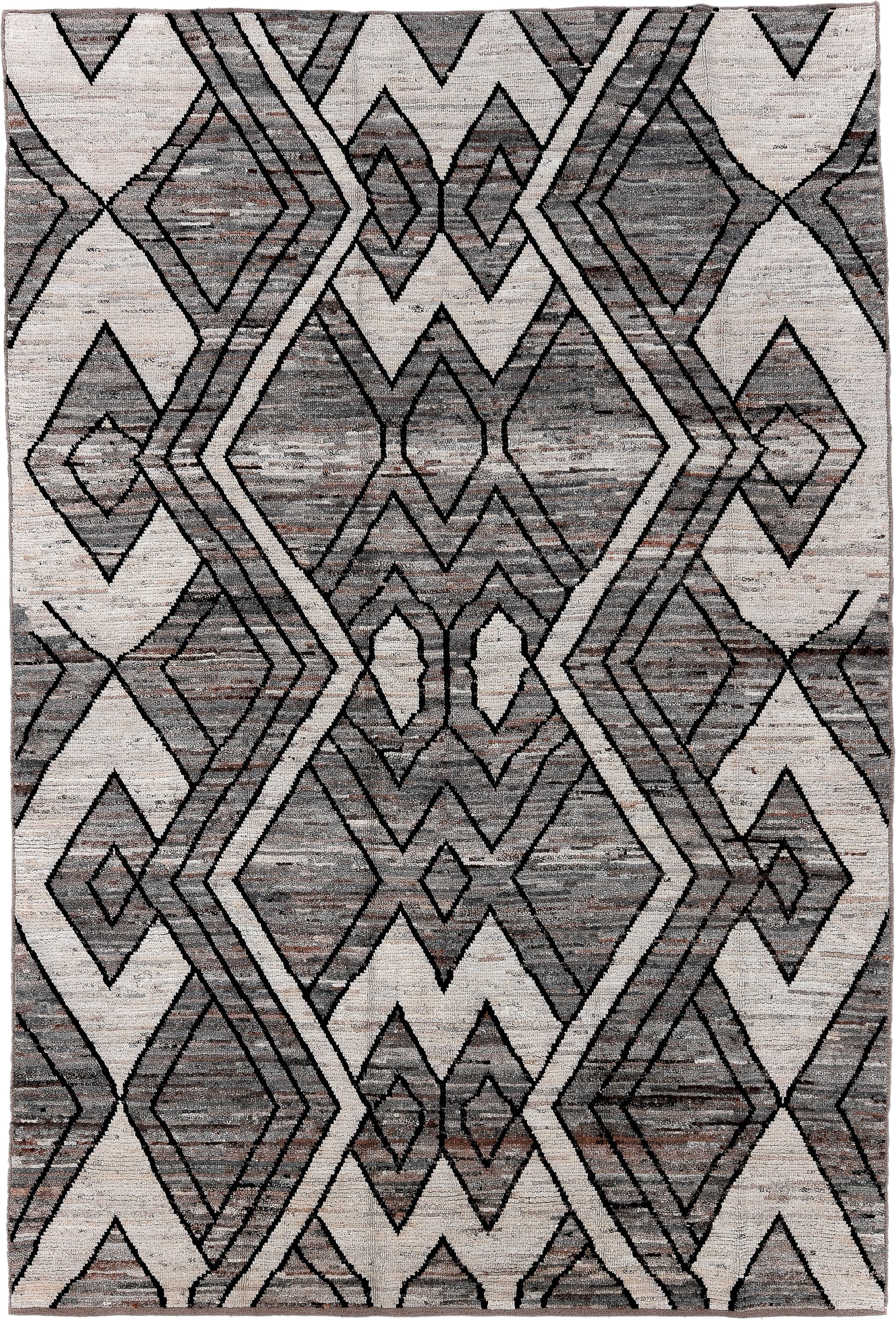 7' x 10' one-of-a-kind handmade vintage Tulu large size rug. Color palette: ivory, gray, charcoal, taupe, black, rose, beige