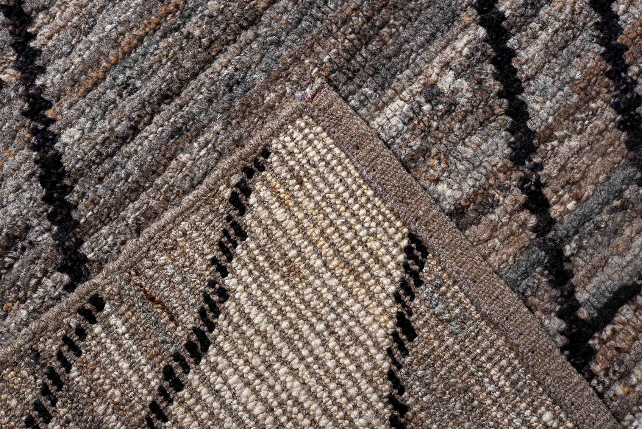 7' x 10' one-of-a-kind handmade vintage Tulu large size rug. Color palette: ivory, gray, charcoal, taupe, black, rose, beige