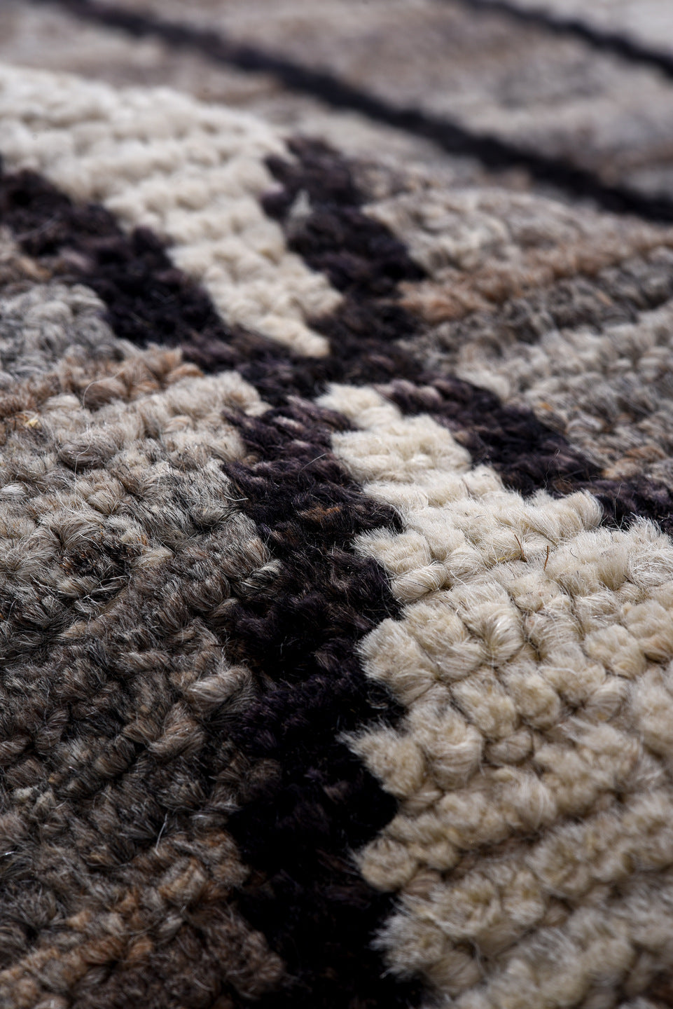 7' x 10' one-of-a-kind handmade vintage Tulu large size rug. Color palette: ivory, gray, charcoal, taupe, black, rose, beige