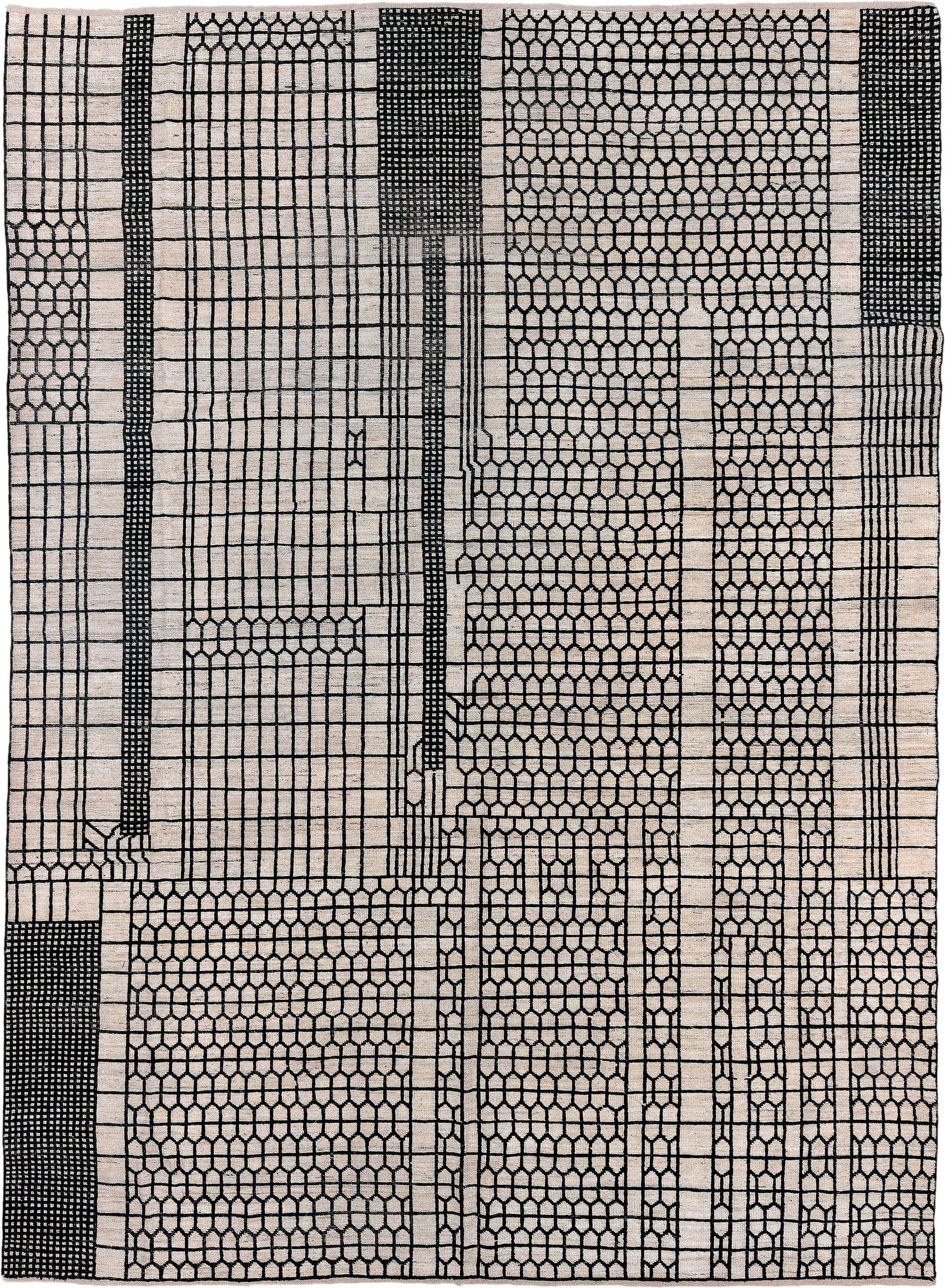 9' x 12' one-of-a-kind handmade vintage Tulu large size rug. Color palette: ivory, black