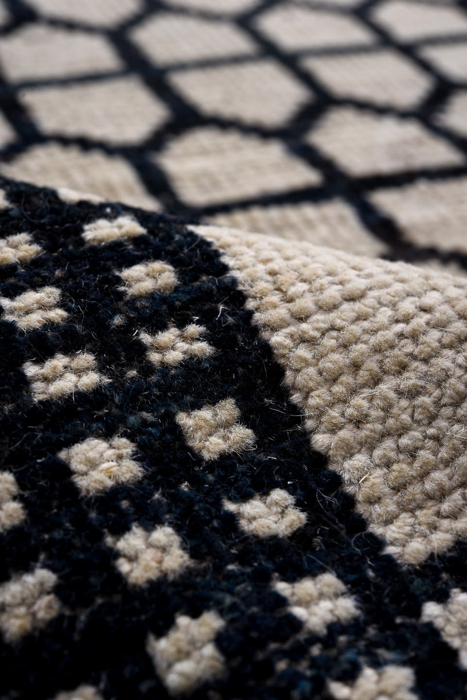 9' x 12' one-of-a-kind handmade vintage Tulu large size rug. Color palette: ivory, black