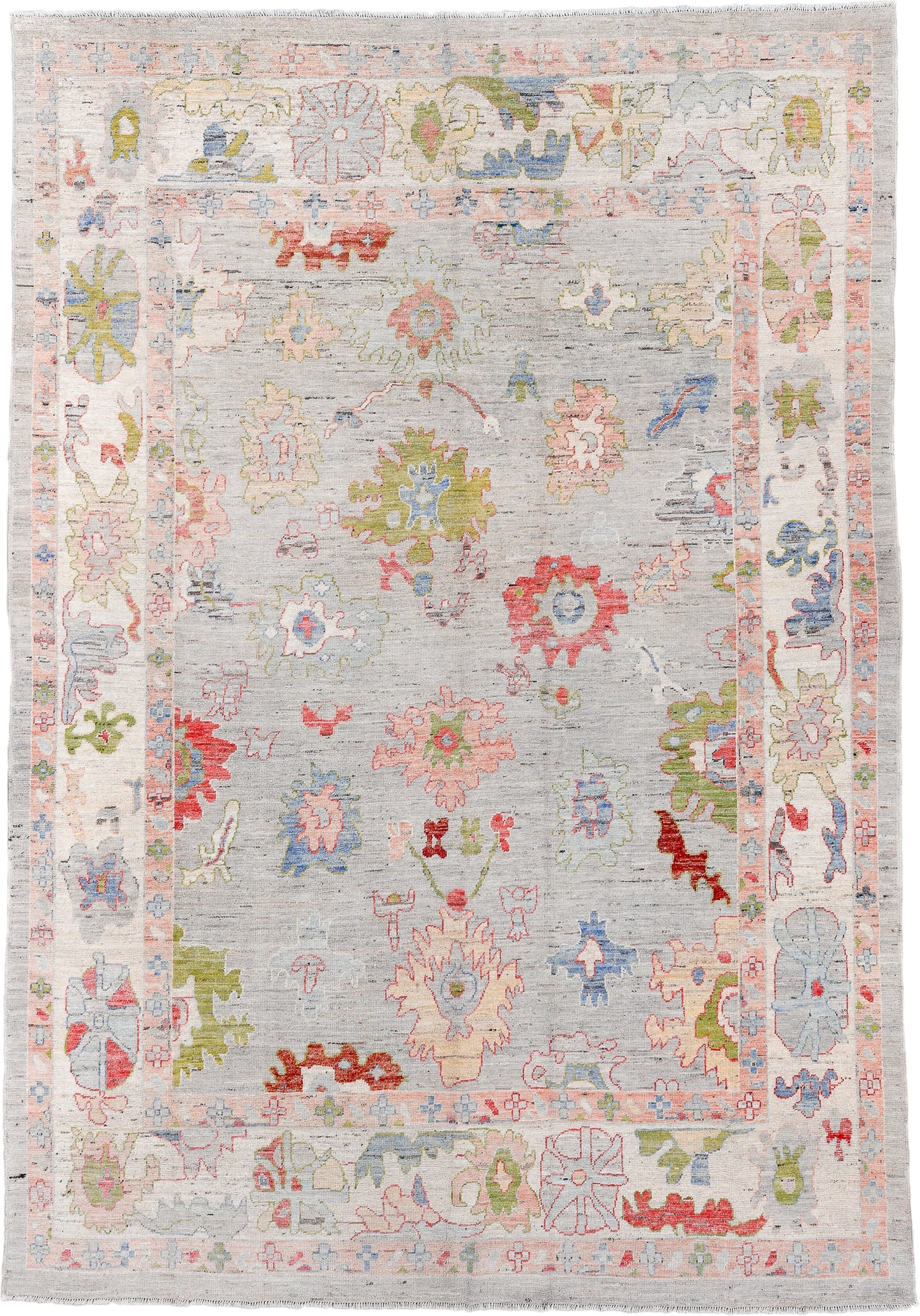 9' x 13' one-of-a-kind handmade vintage Oushak large size rug. Color palette: light gray, ivory, blush, sage, powder blue