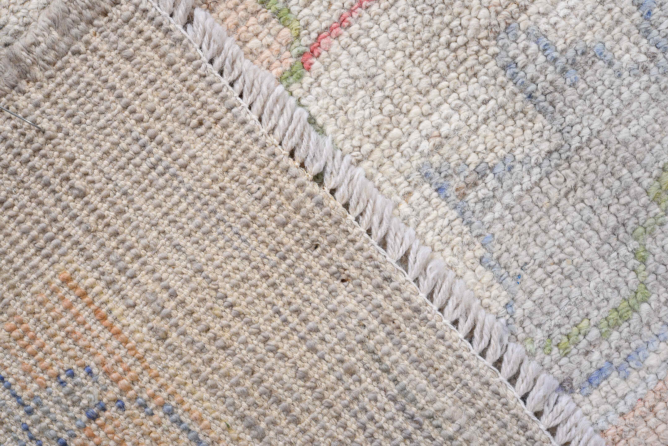 9' x 13' one-of-a-kind handmade vintage Oushak large size rug. Color palette: light gray, ivory, blush, sage, powder blue