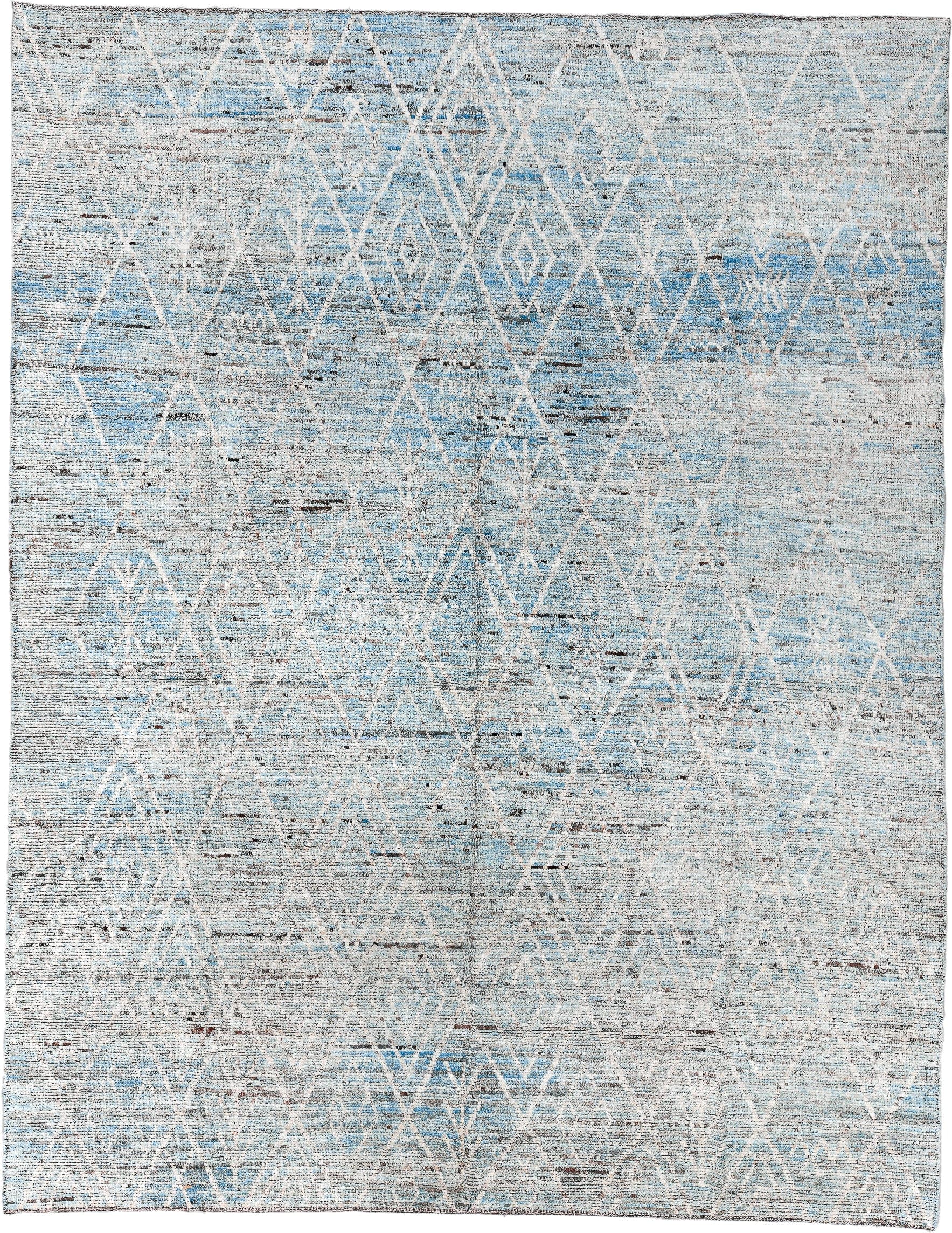 10' x 13' one-of-a-kind handmade vintage Tulu oversize rug. Color palette: ivory, pale blue, sky blue, gray, charcoal, taupe