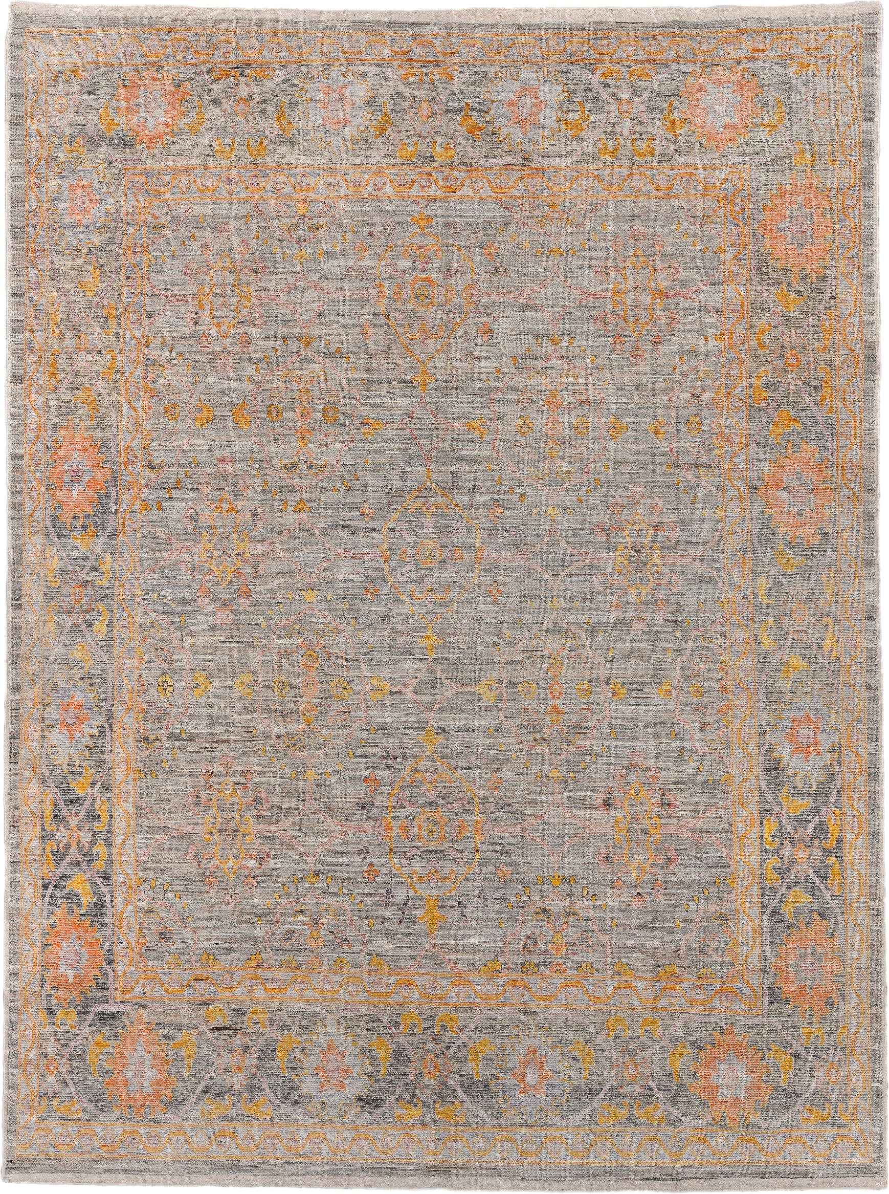 10' x 14' one-of-a-kind handmade vintage Oushak oversize rug. Color palette: gray, peach, gold, ivory, taupe, sage