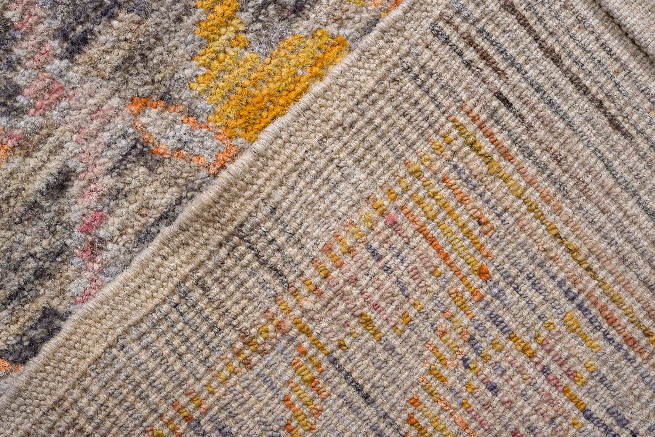 10' x 14' one-of-a-kind handmade vintage Oushak oversize rug. Color palette: gray, peach, gold, ivory, taupe, sage