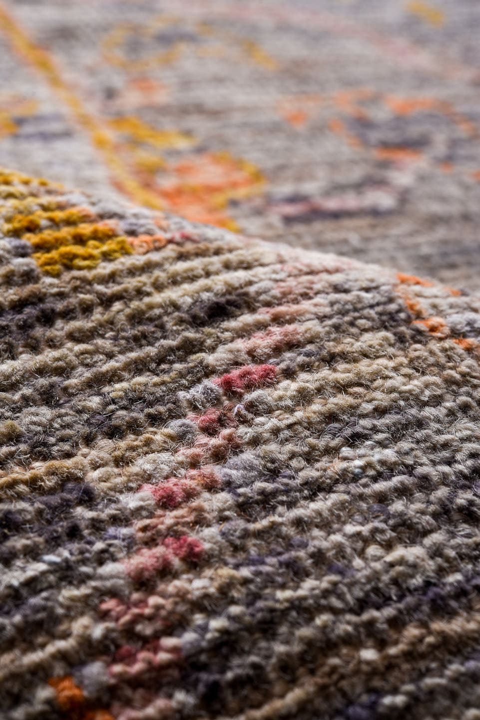 10' x 14' one-of-a-kind handmade vintage Oushak oversize rug. Color palette: gray, peach, gold, ivory, taupe, sage