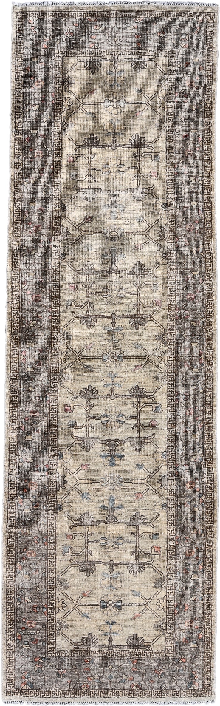 3' x 10' one-of-a-kind handmade vintage Oushak runner rug. Color palette: ivory, gray, taupe, slate, dusty blue, blush