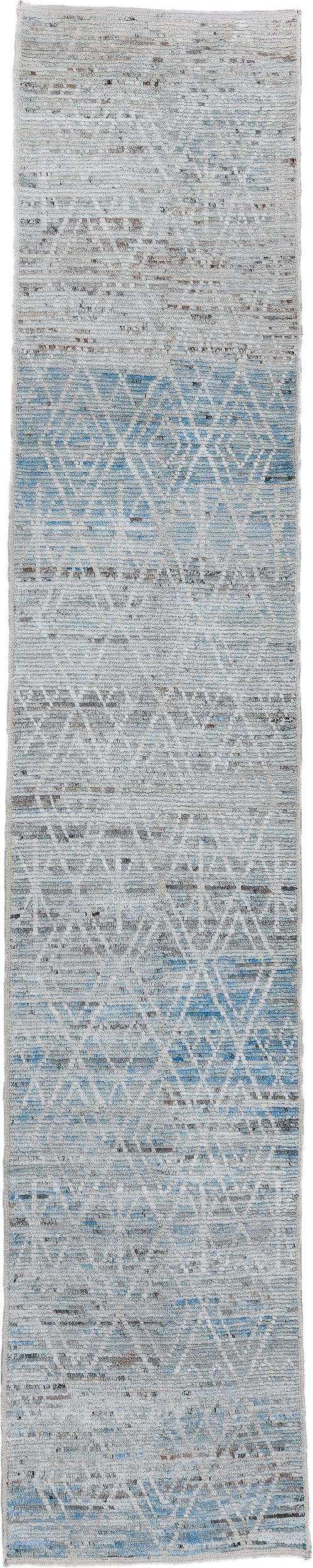 3' x 15' one-of-a-kind handmade vintage Tulu runner rug. Color palette: ivory, sky blue, slate, light gray, taupe