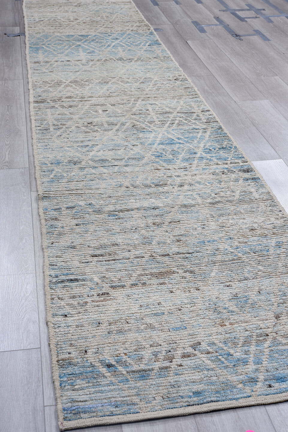 3' x 15' one-of-a-kind handmade vintage Tulu runner rug. Color palette: ivory, sky blue, slate, light gray, taupe