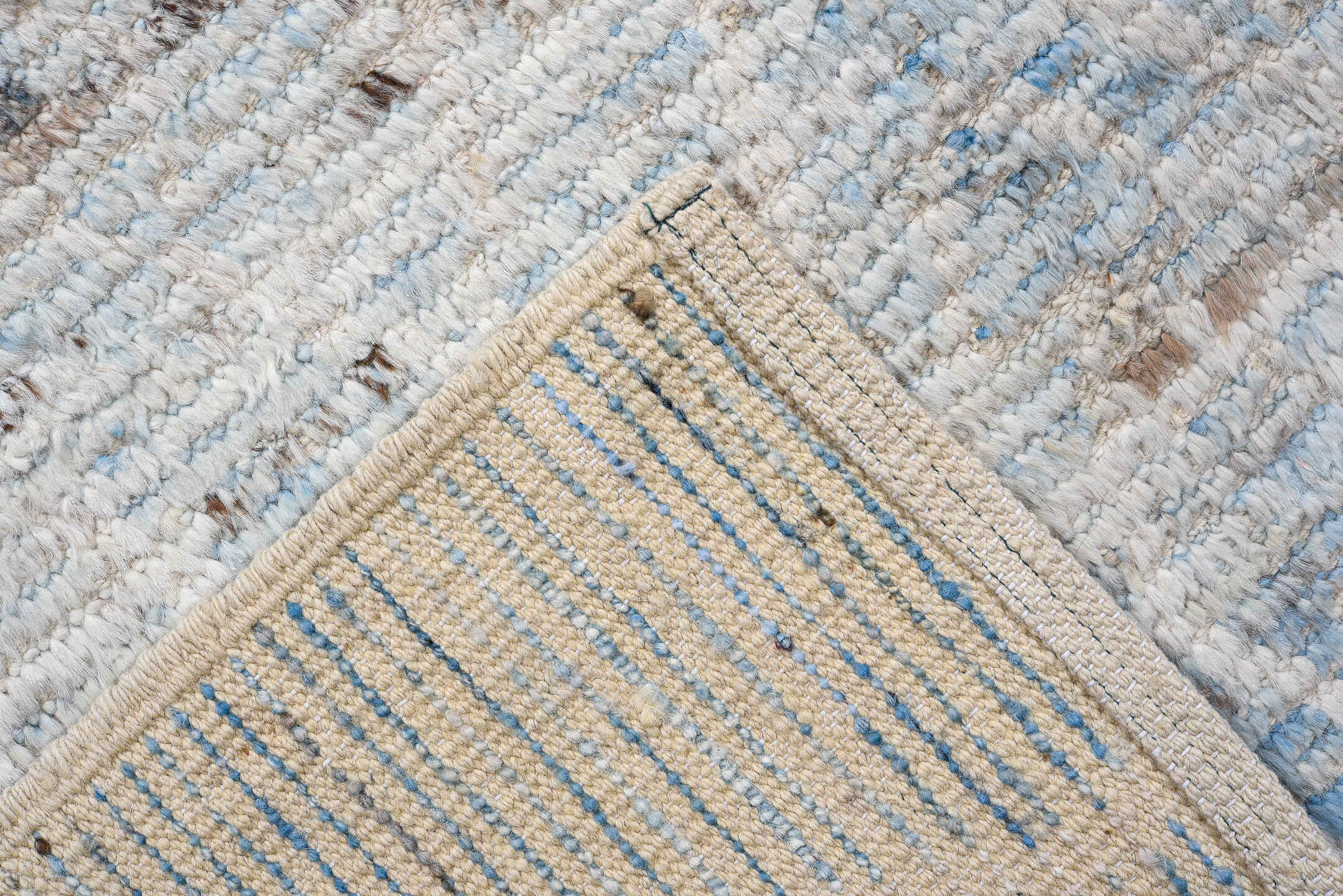 3' x 15' one-of-a-kind handmade vintage Tulu runner rug. Color palette: ivory, sky blue, slate, light gray, taupe