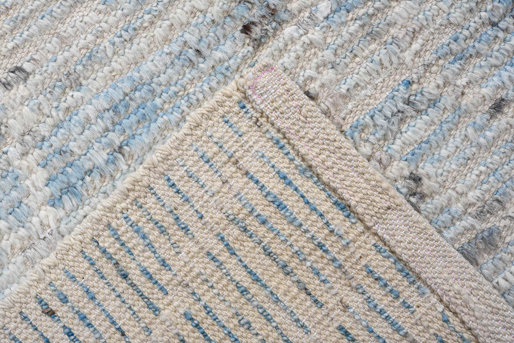 3' x 16' one-of-a-kind handmade vintage Tulu runner rug. Color palette: sky blue, ivory, slate, charcoal, light blue, gray