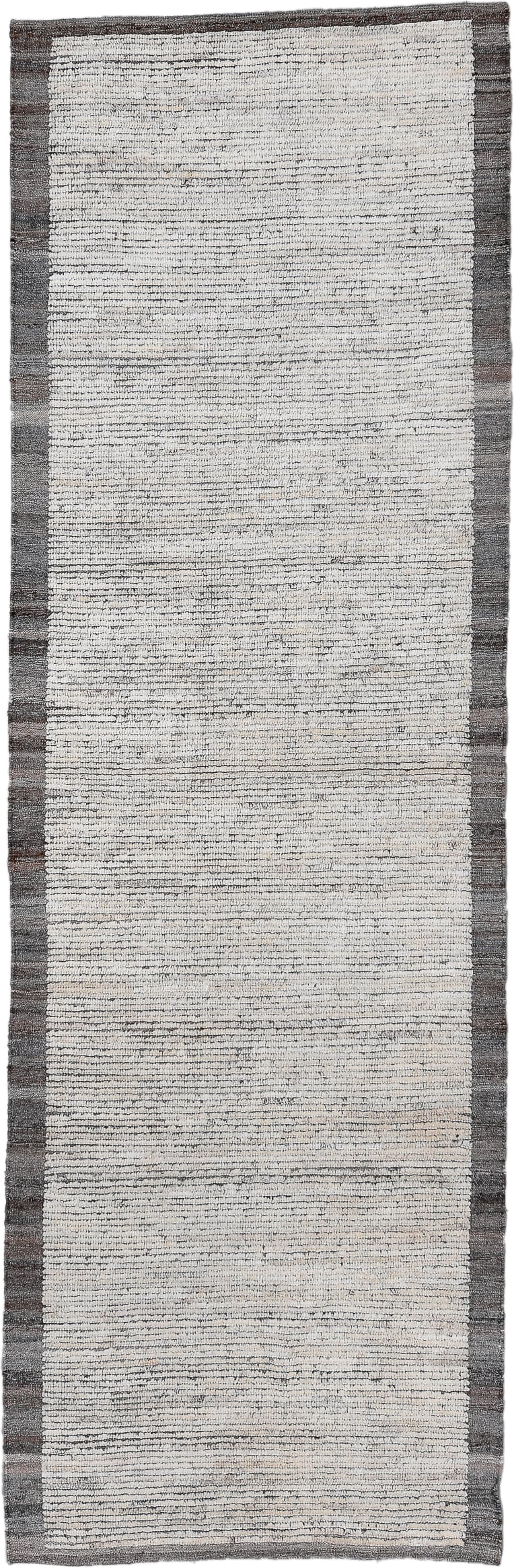 3' x 10' one-of-a-kind handmade vintage Tulu runner rug. Color palette: ivory, charcoal, gray, taupe, black, beige