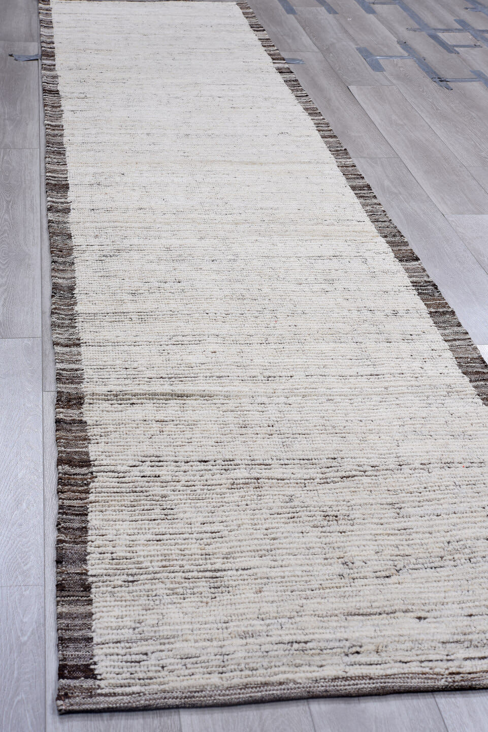 3' x 14' one-of-a-kind handmade vintage Tulu runner rug. Color palette: ivory, charcoal, taupe, gray, black, beige