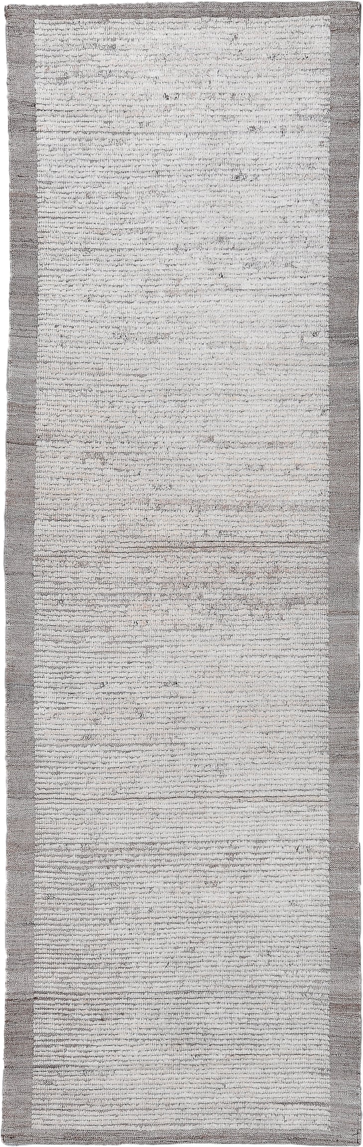 3' x 10' one-of-a-kind handmade vintage Tulu runner rug. Color palette: ivory, taupe, gray, cream, beige