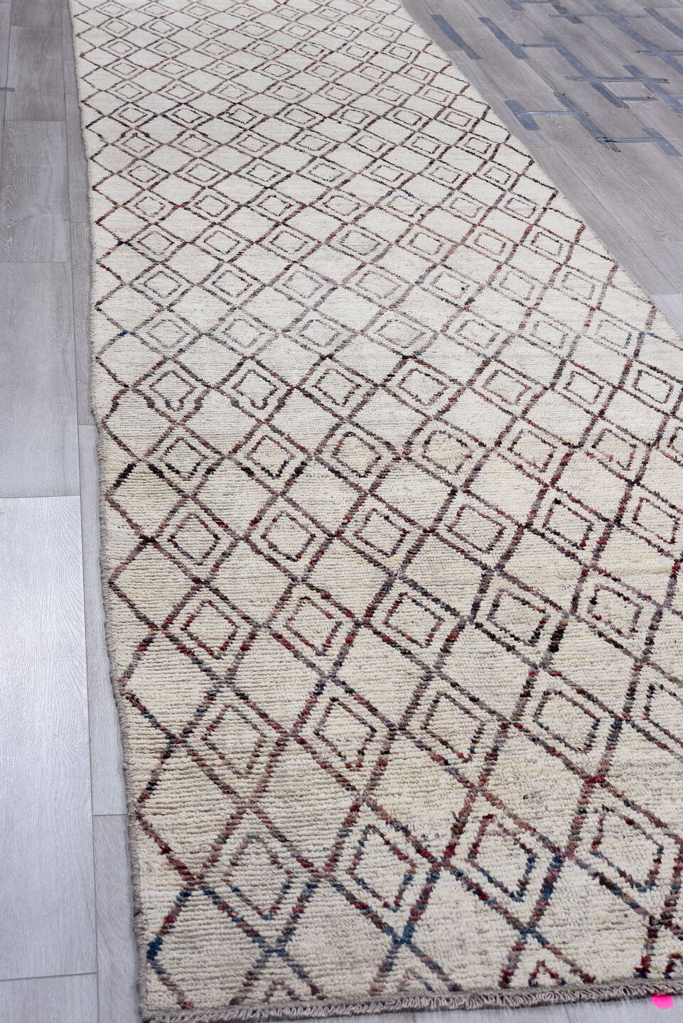 4' x 18' one-of-a-kind handmade vintage Tulu runner rug. Color palette: ivory, charcoal, taupe, rose, gray, black, beige