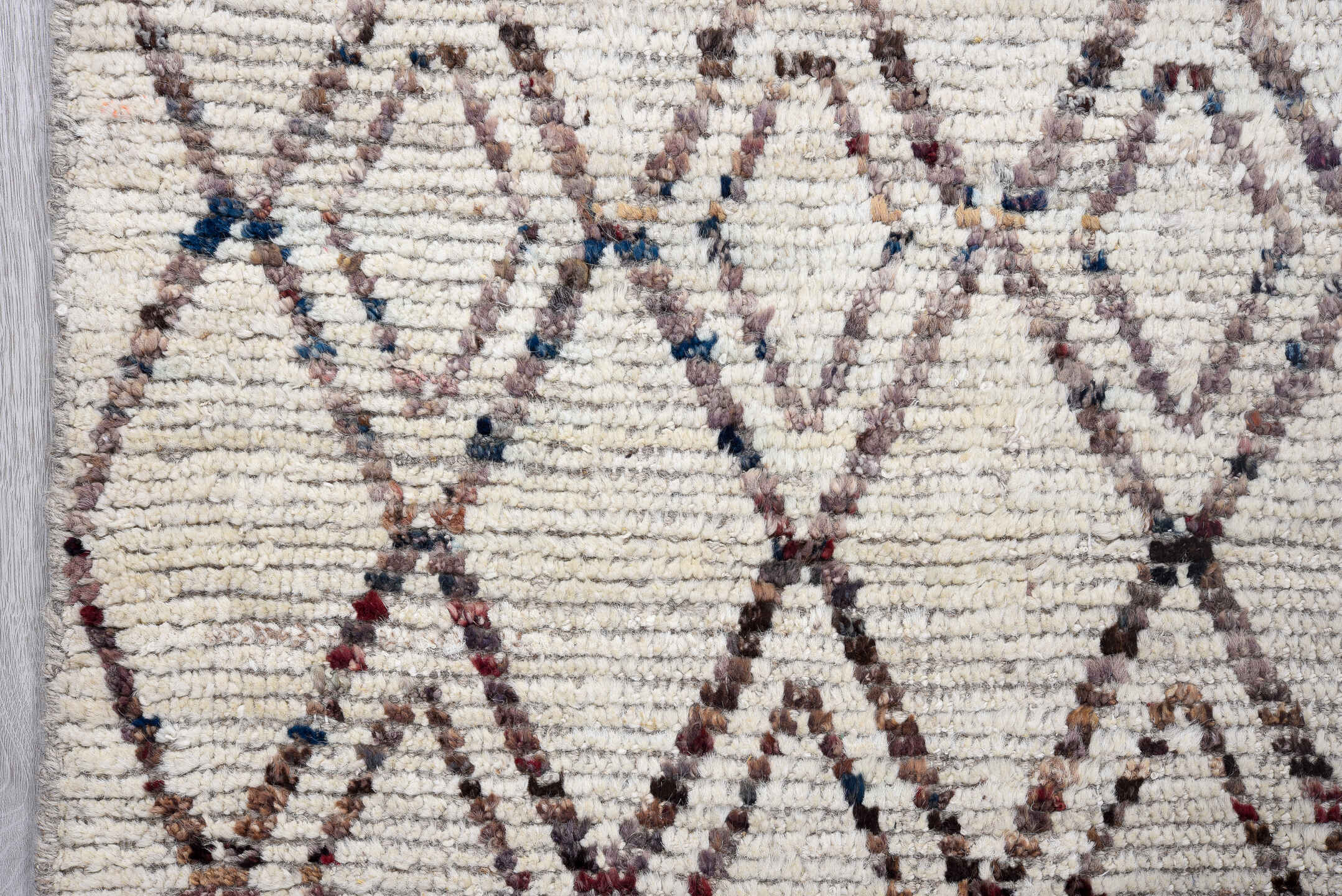 4' x 18' one-of-a-kind handmade vintage Tulu runner rug. Color palette: ivory, charcoal, taupe, rose, gray, black, beige