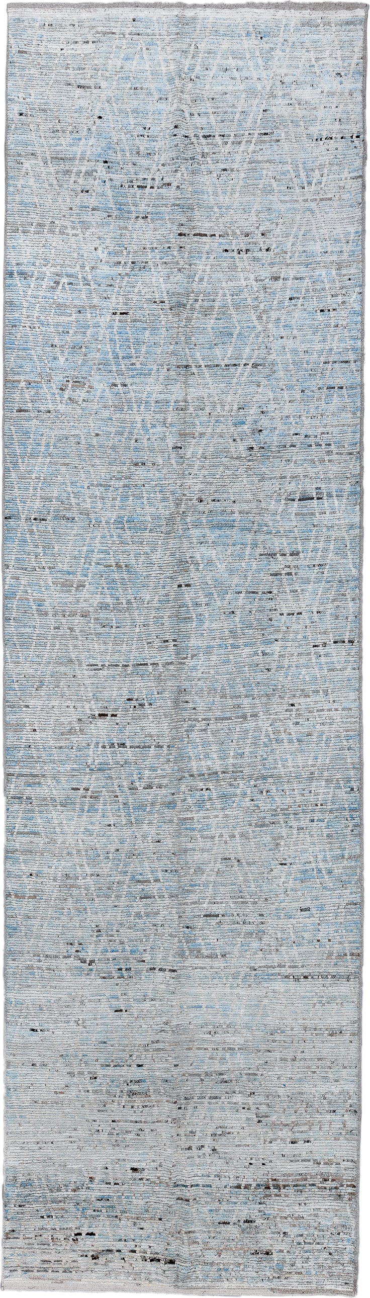 5' x 20' one-of-a-kind handmade vintage Tulu rug. Color palette: ivory, sky blue, gray, charcoal, light blue, black