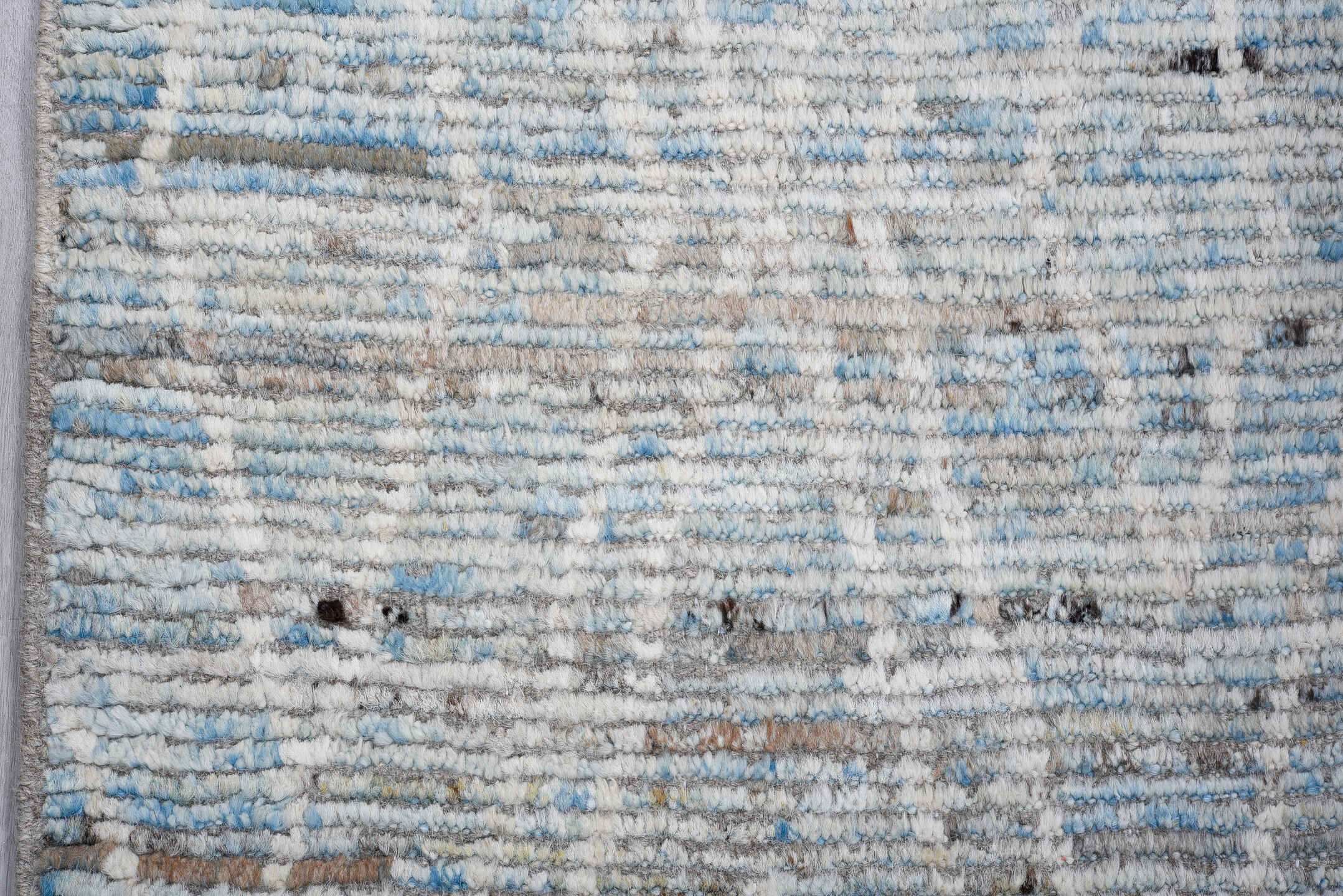 5' x 20' one-of-a-kind handmade vintage Tulu rug. Color palette: ivory, sky blue, gray, charcoal, light blue, black