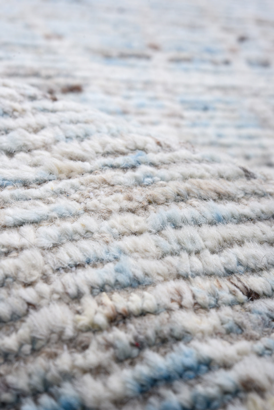5' x 20' one-of-a-kind handmade vintage Tulu rug. Color palette: ivory, sky blue, gray, charcoal, light blue, black