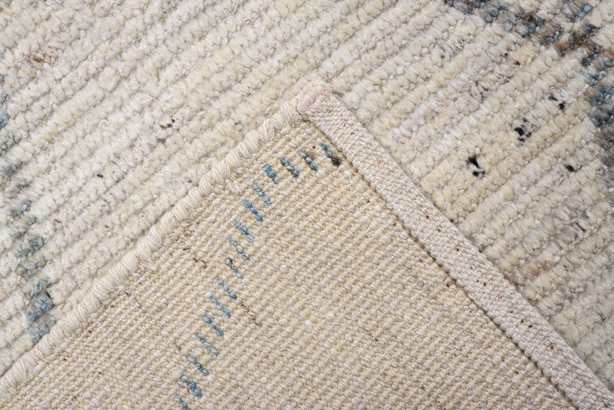 2' x 13' one-of-a-kind handmade vintage Tulu runner rug. Color palette: ivory, taupe, slate, pale blue, beige, gray