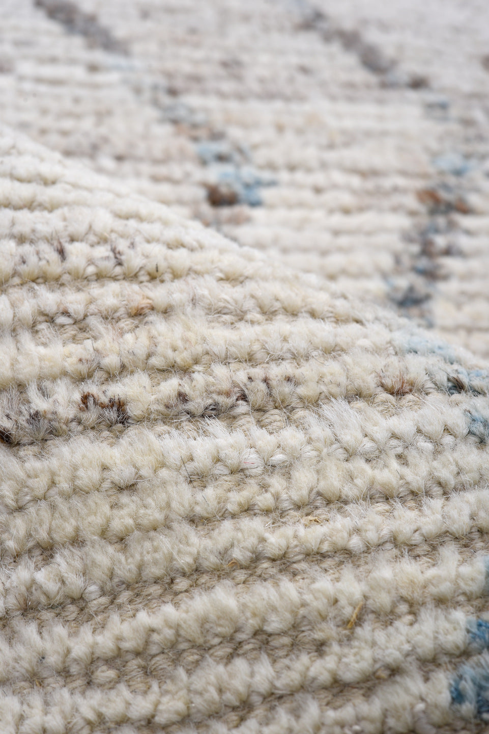 2' x 13' one-of-a-kind handmade vintage Tulu runner rug. Color palette: ivory, taupe, slate, pale blue, beige, gray