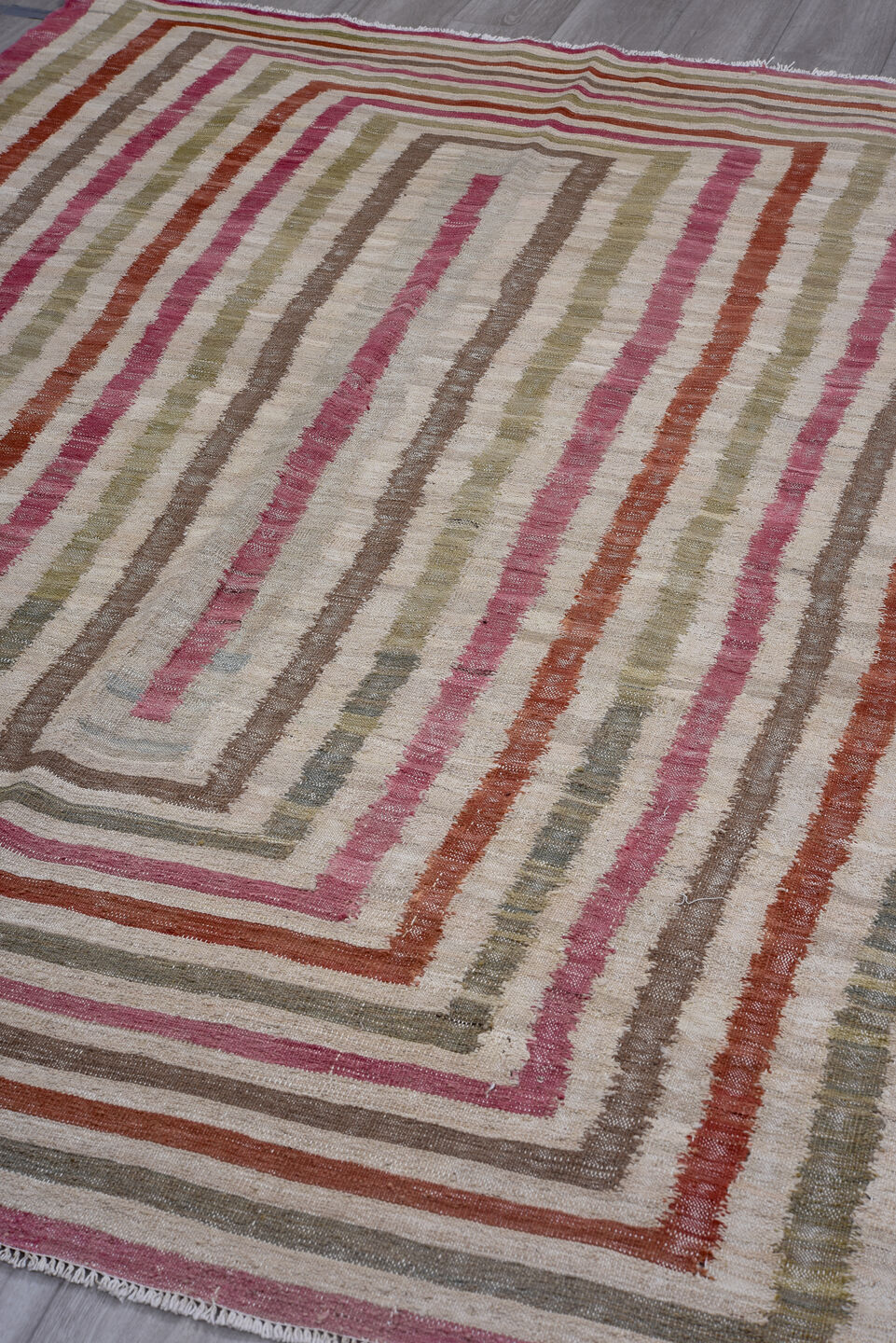 6' x 8' one-of-a-kind handmade vintage Kilim medium size rug. Color palette: ivory, rose, taupe, sage, rust, pink, red