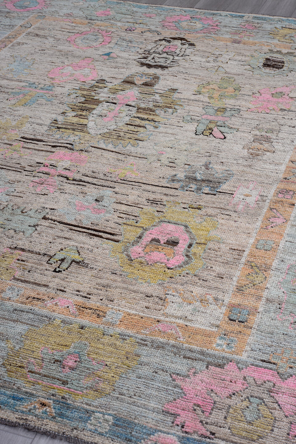 8' x 9' one-of-a-kind handmade vintage Oushak large size rug. Color palette: ivory, pale blue, blush, taupe, muted gold