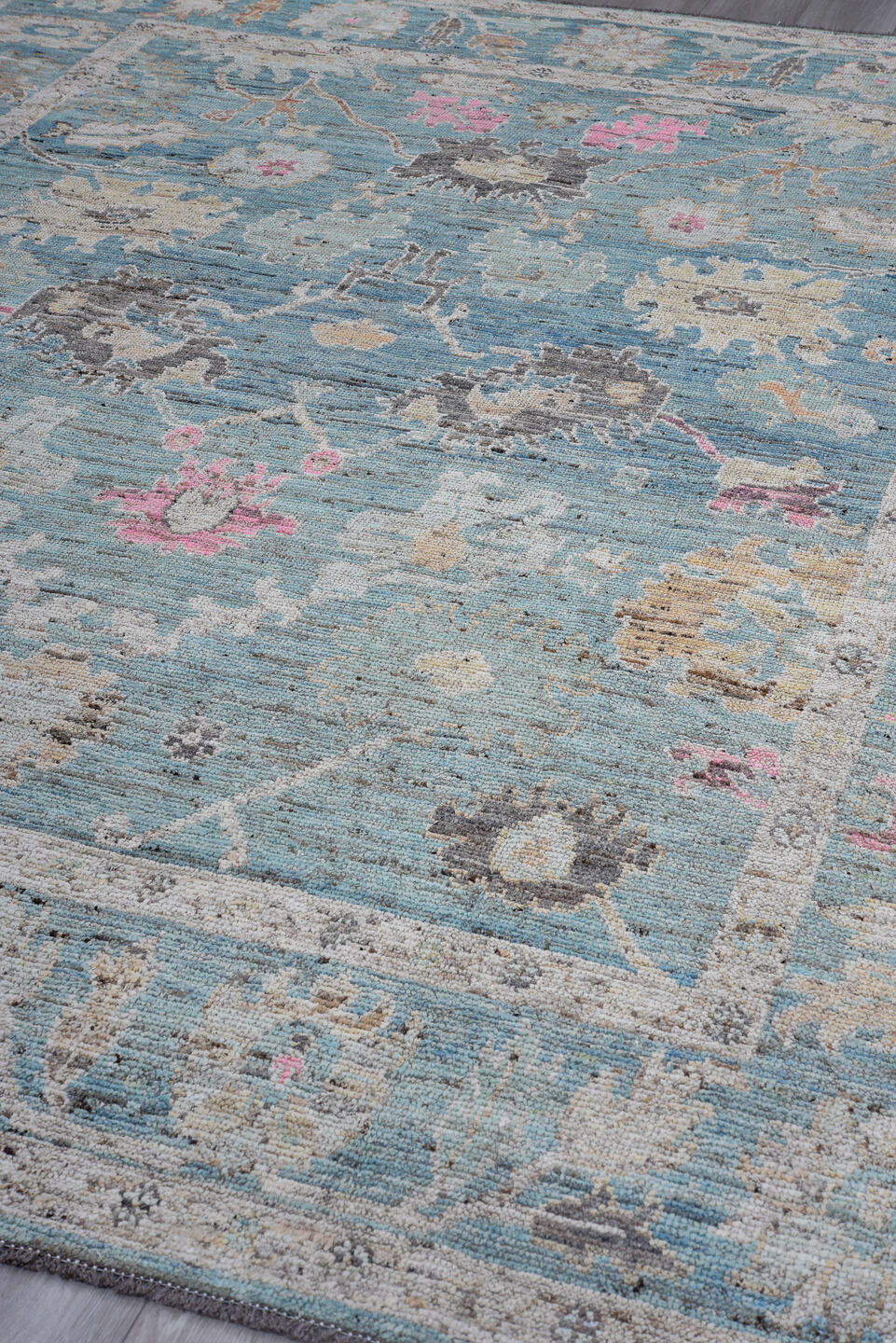 8' x 10' one-of-a-kind handmade vintage Oushak large size rug. Color palette: light blue, ivory, gray, taupe, blush, beige