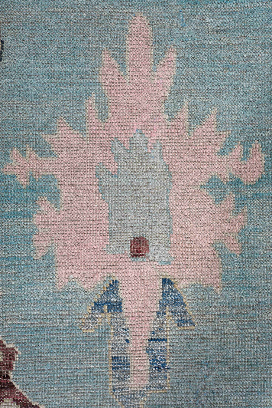 7' x 10' one-of-a-kind handmade vintage Oushak large size rug. Color palette: sky blue, ivory, gold, blush, burgundy, sage
