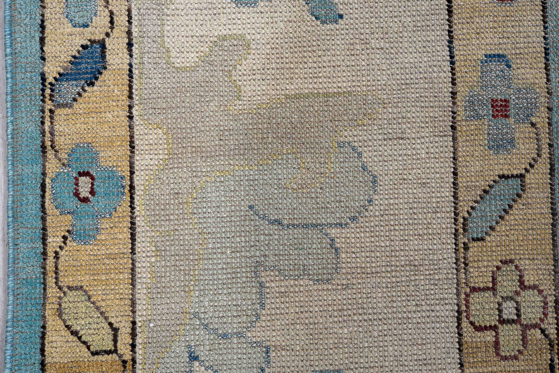 7' x 10' one-of-a-kind handmade vintage Oushak large size rug. Color palette: sky blue, ivory, gold, blush, burgundy, sage