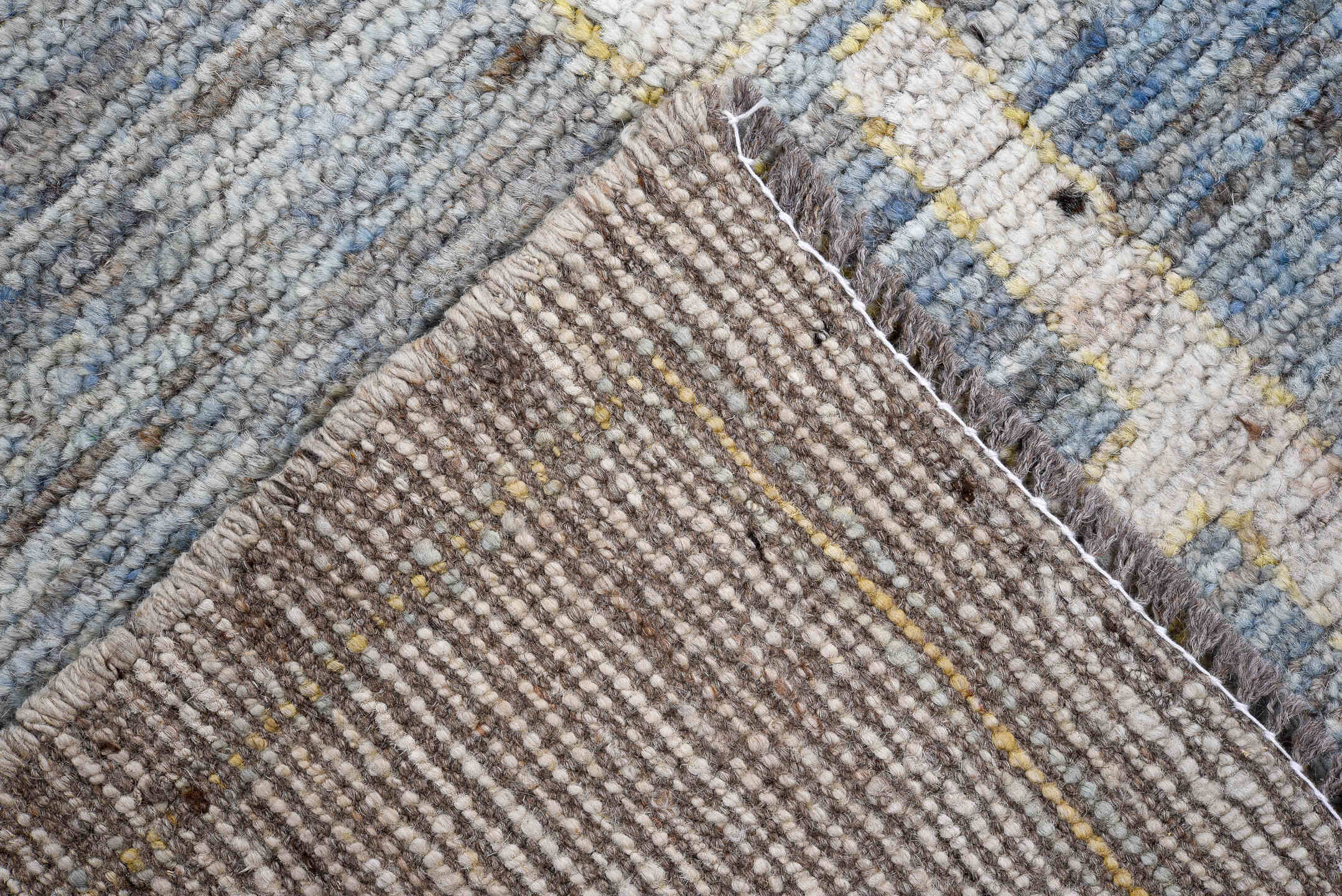 8' x 9' one-of-a-kind handmade vintage Oushak large size rug. Color palette: ivory, pale blue, blush, taupe, soft gold, rose