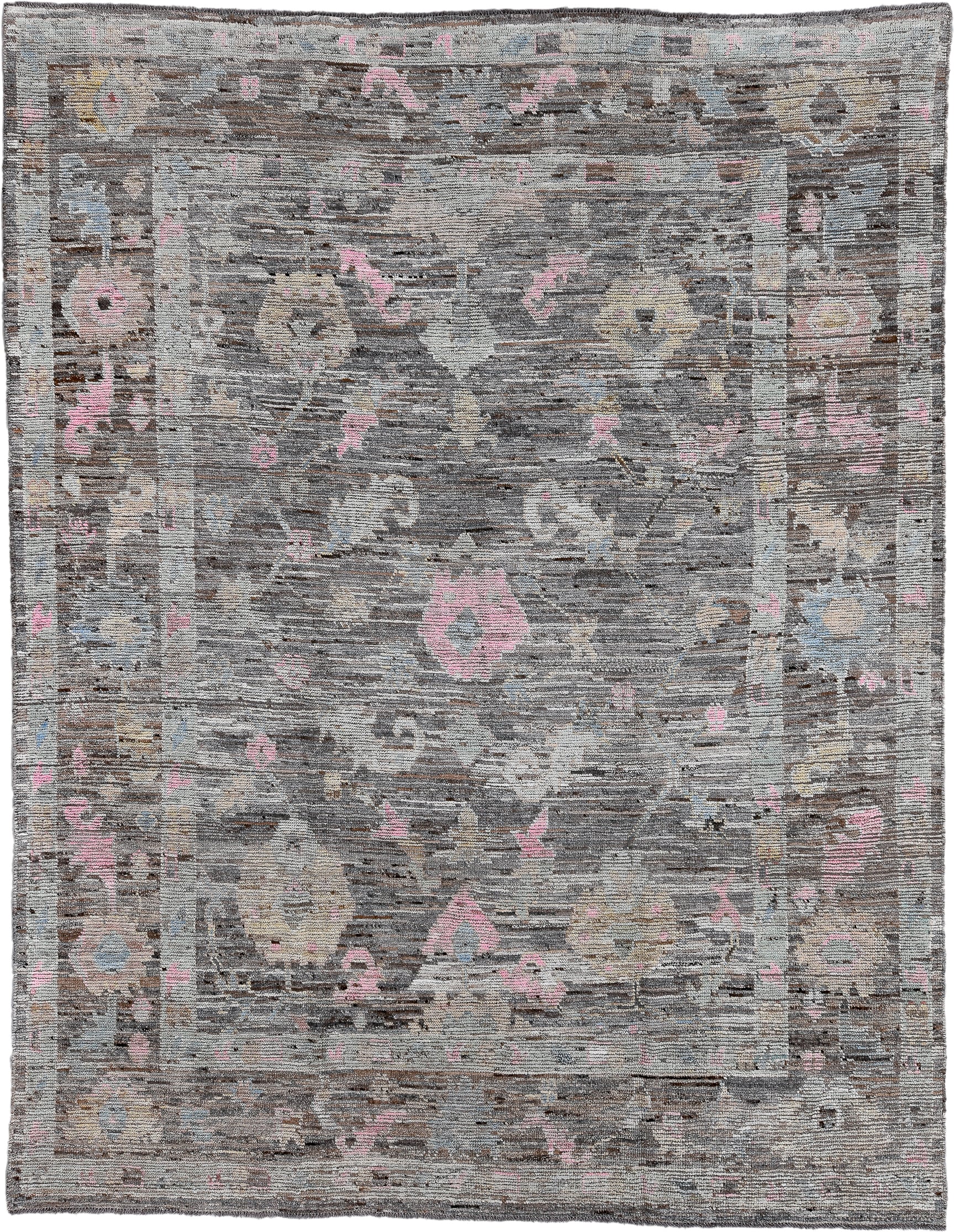 9' x 11' one-of-a-kind handmade vintage Oushak large size rug. Color palette: gray, ivory, blush, taupe, light blue, beige